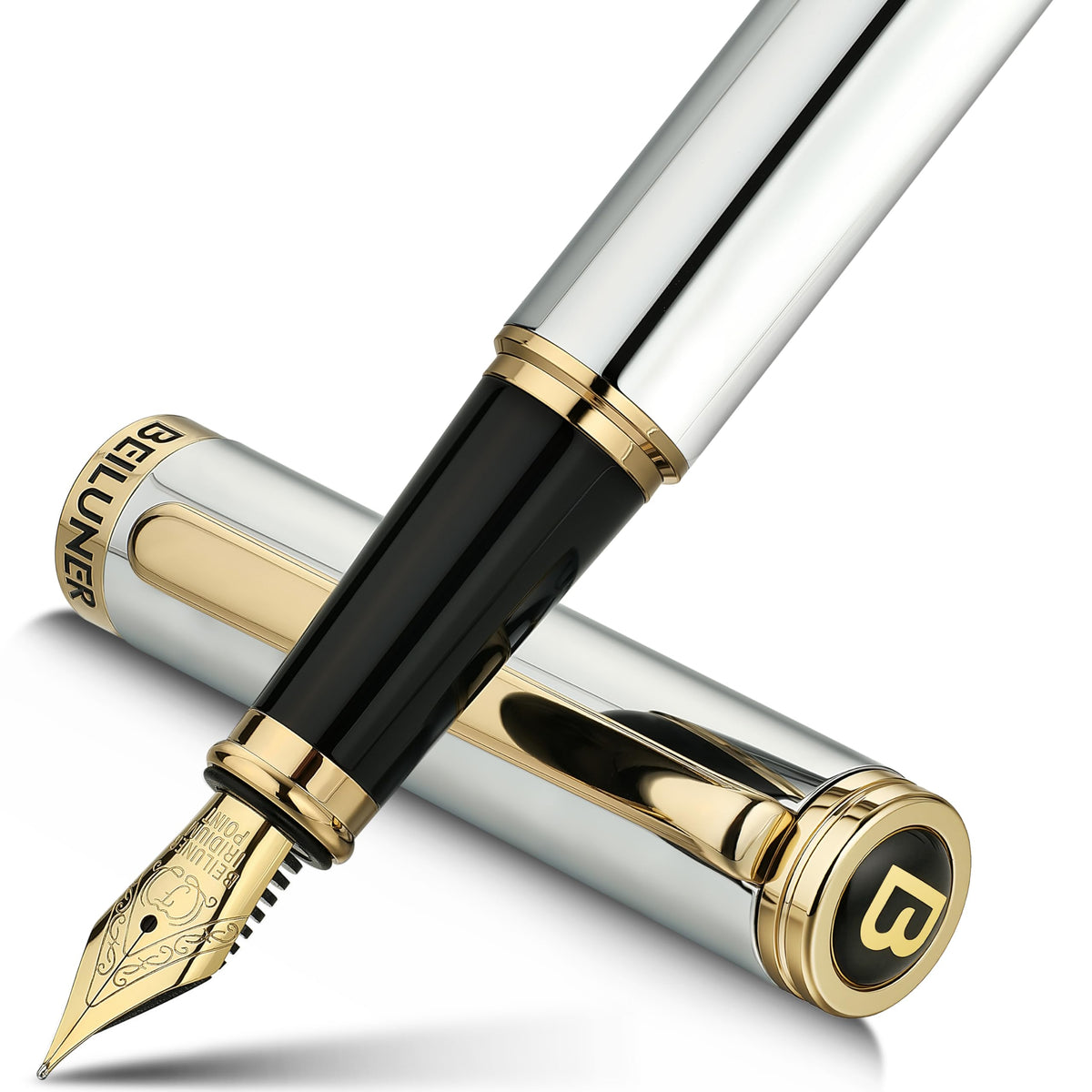 BEILUNER Silver Chrome Fountain Pen,Stunning Luxury with 24K Gold Accents, Gorgeous 24K Gilded