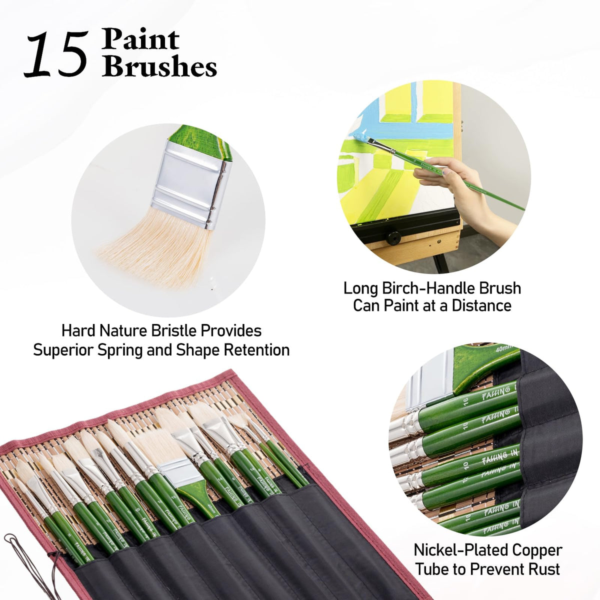 Falling in Art 15 Pcs Professional Oil Paint Brush Set, Natural Hog Bristle