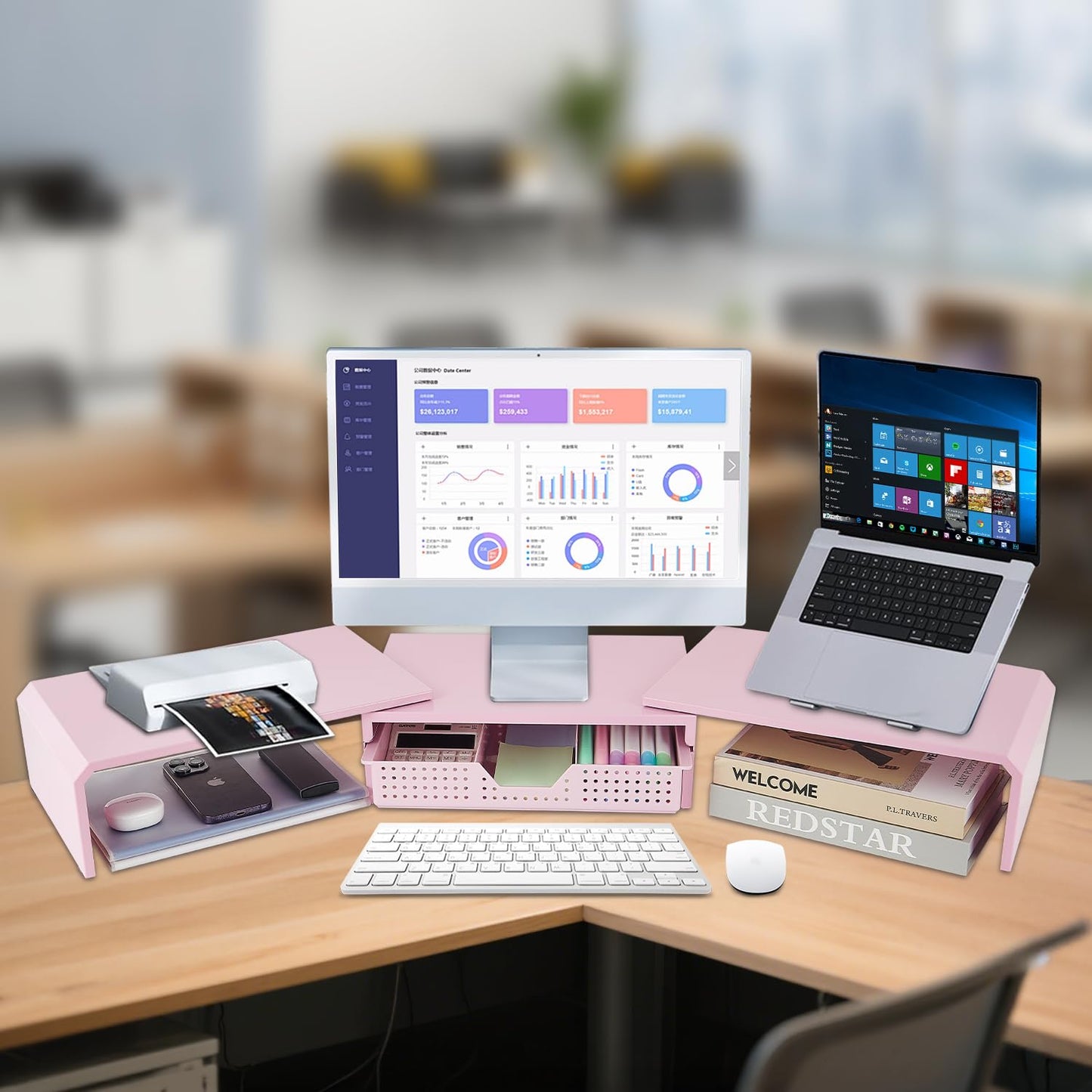 LEKETREE Dual Monitor Stand Riser with Drawer, Desk Organizer and Accessories, Pink Monitor Stand