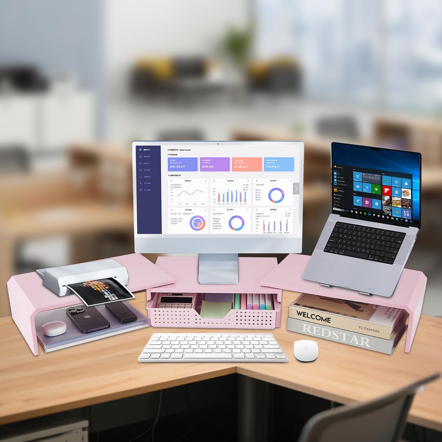 LEKETREE Dual Monitor Stand Riser with Drawer, Desk Organizer and Accessories, Pink Monitor Stand