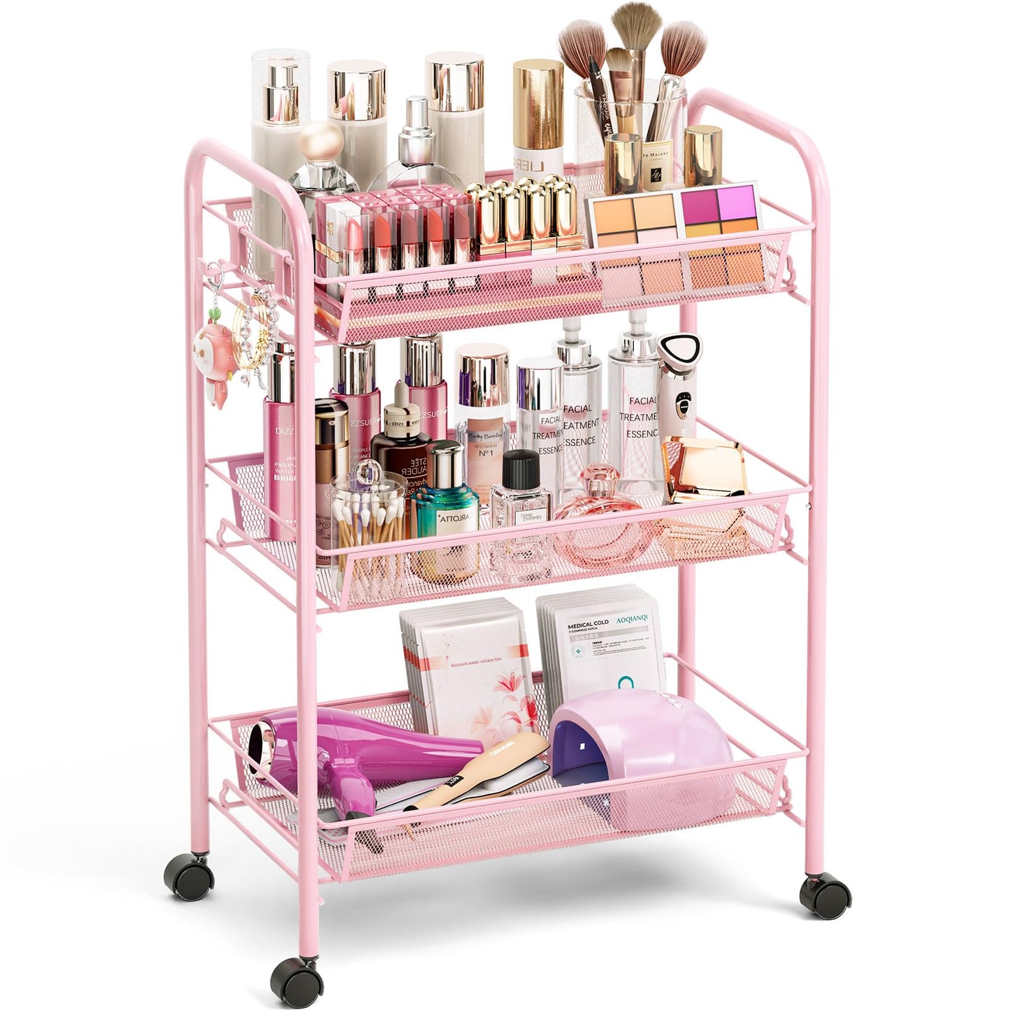 TOOLF 3 Tier Rolling Cart, Metal Utility Storage Cart with Wheels, Pink