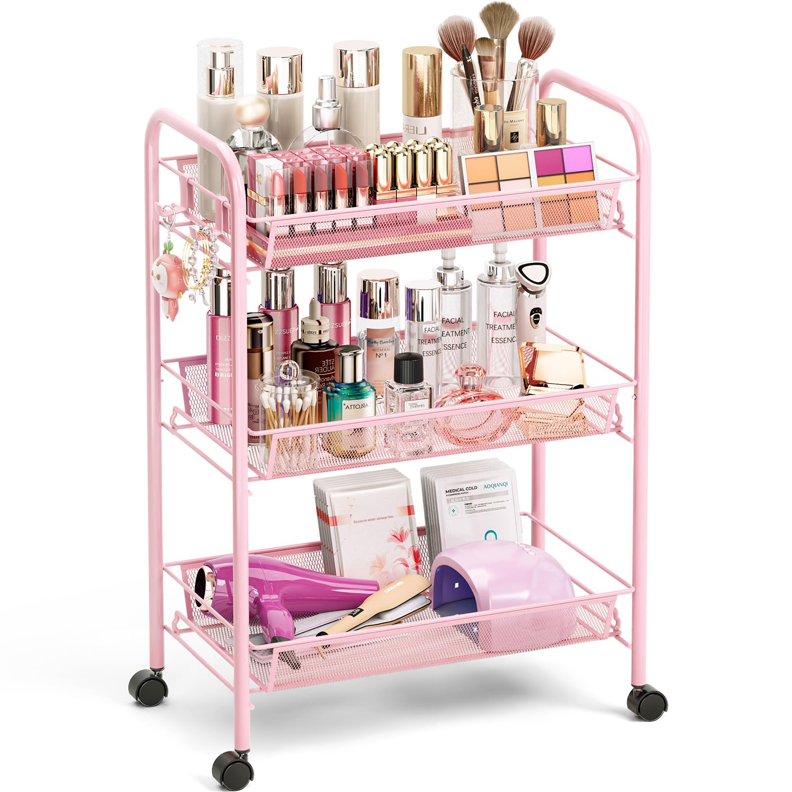 TOOLF 3 Tier Rolling Cart, Metal Utility Storage Cart with Wheels, Pink