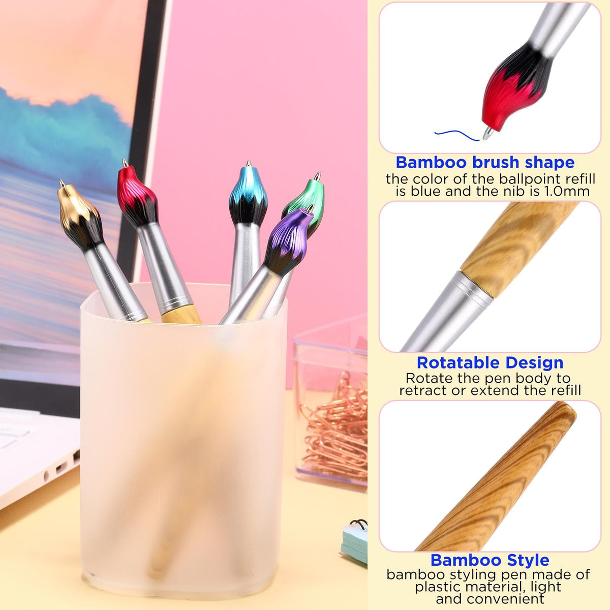 Thenshop 20 Pcs Retractable Paintbrush Pen Bamboo Brush Shape Ballpoint Pen