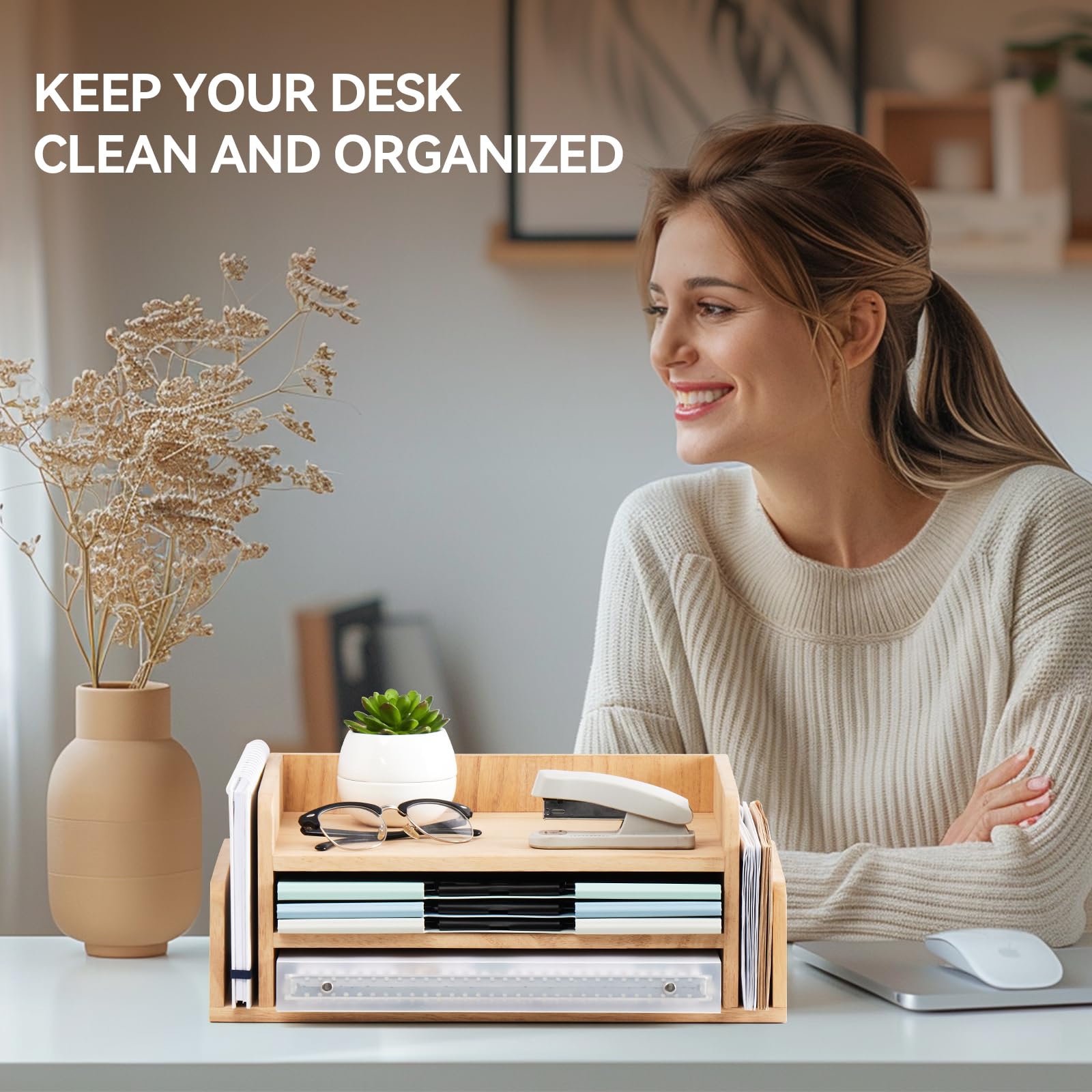 KIRIGEN Wood Desk Organizer, 5-Tray Letter Tray and Mail Sorter Natural 2TP