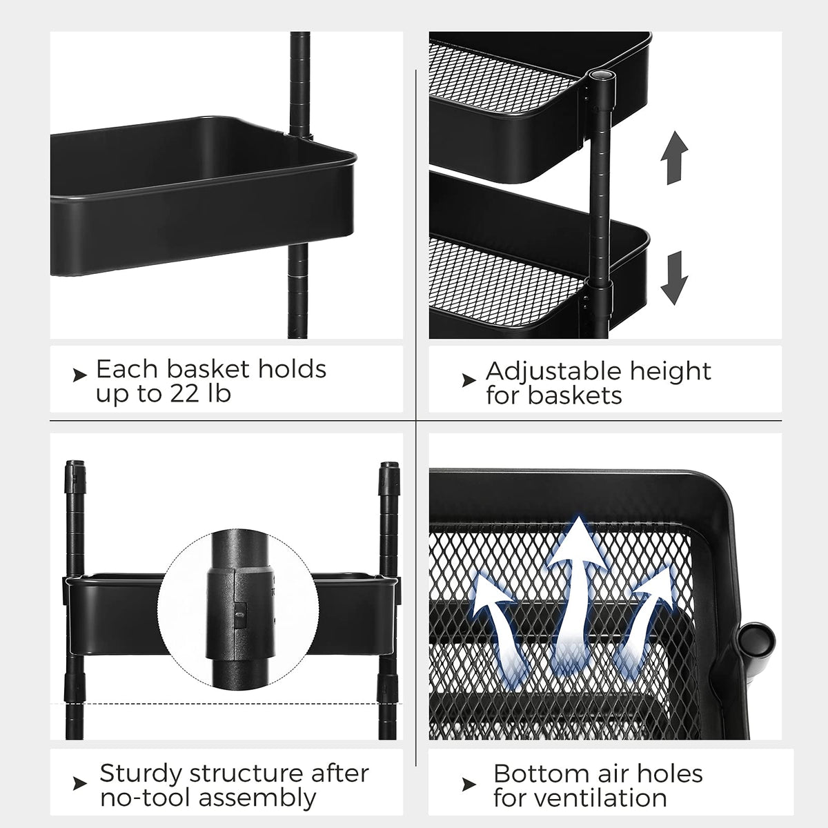 SONGMICS 3-Tier Metal Rolling Cart, Adjustable Shelves, with 2 Brakes
