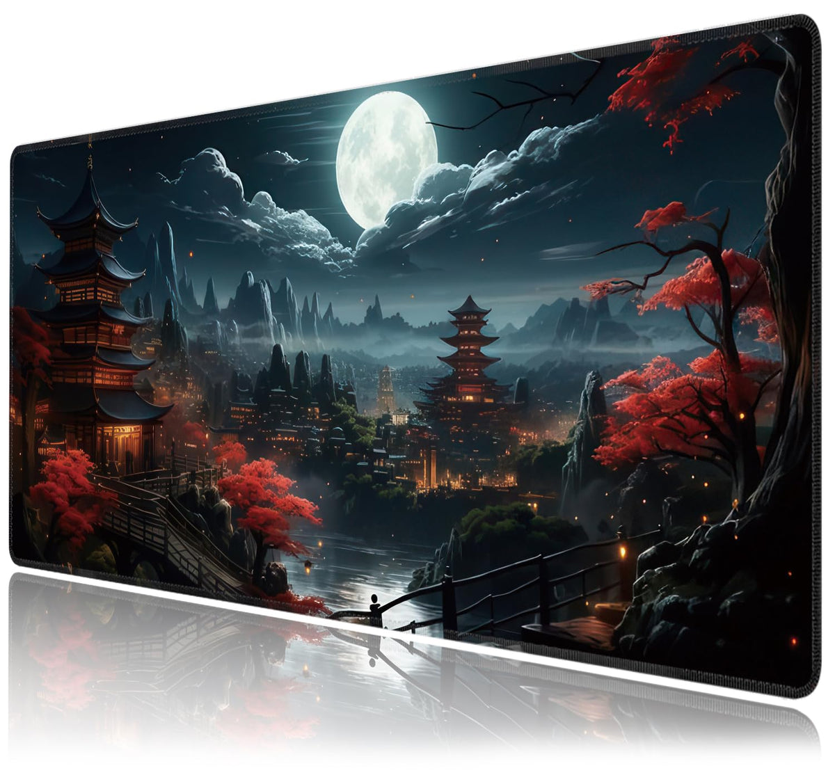 Japanese Full Moon Large Mouse Pad,Gaming Keyboard Desk Pad,Extended Mouse Mat Non-Slip Rubber Base