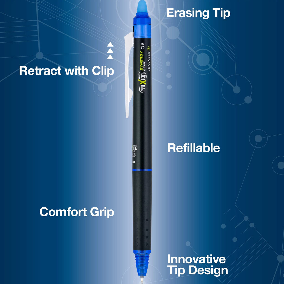 PILOT FriXion Synergy Clicker Erasable Gel Ink Pens, Extra Fine Point, Blue Ink, 8-pack (17849)
