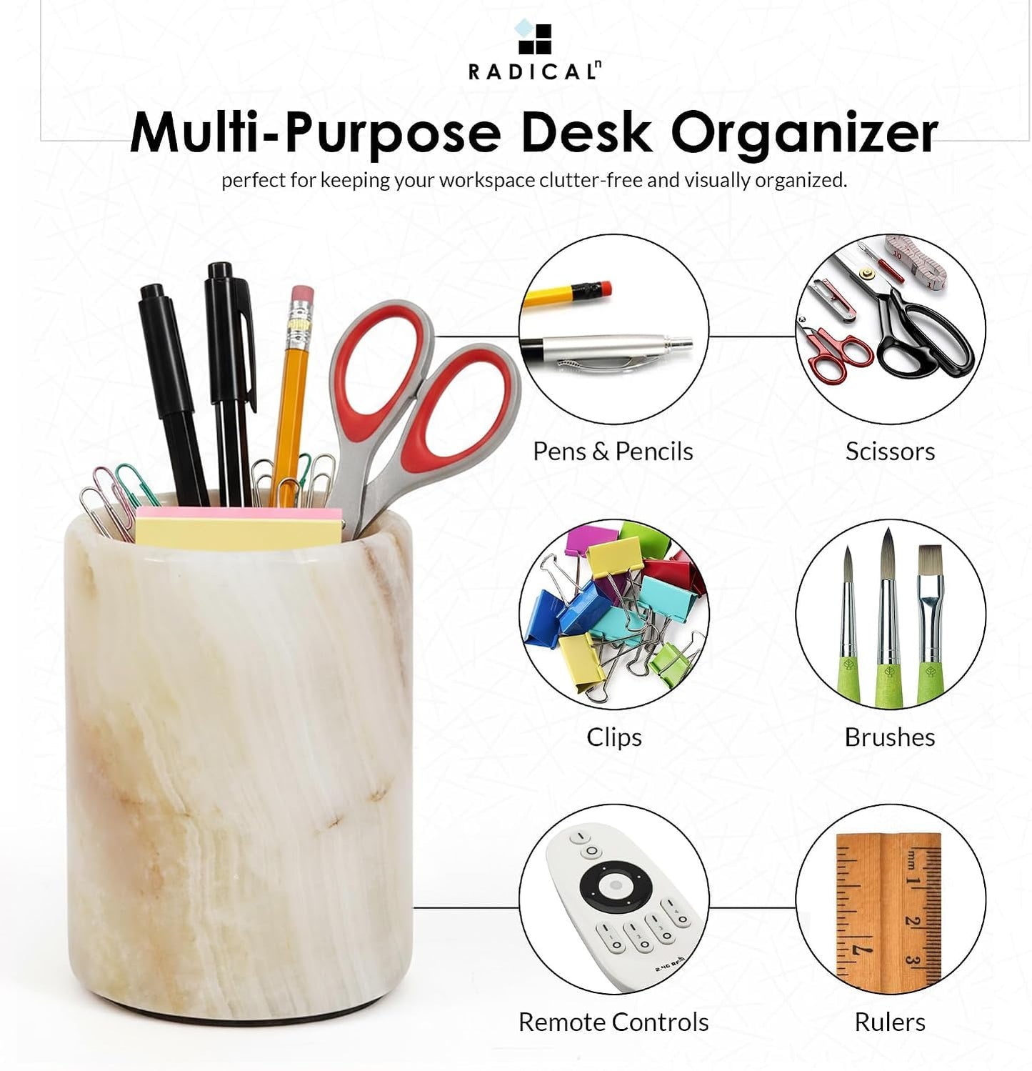 Radicaln Marble Pen Holder For Desk 4" Inches White Onyx Handmade Marker & Pen Holder for Desk