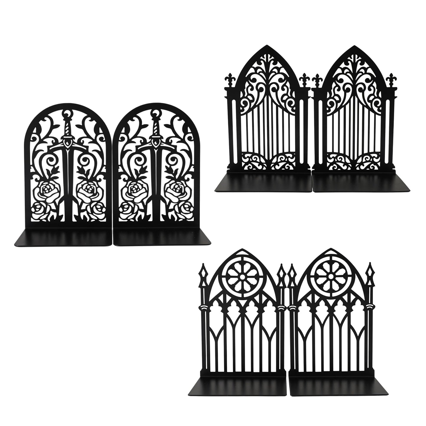 3Pairs Gothic Book Ends, Heavy Duty Metal Bookends for Shelves