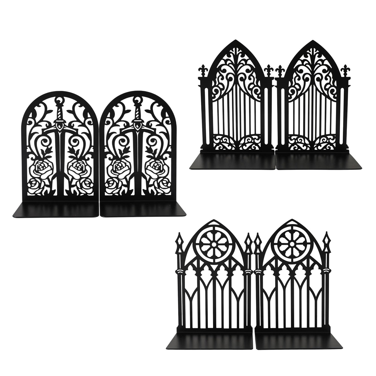 3Pairs Gothic Book Ends, Heavy Duty Metal Bookends for Shelves