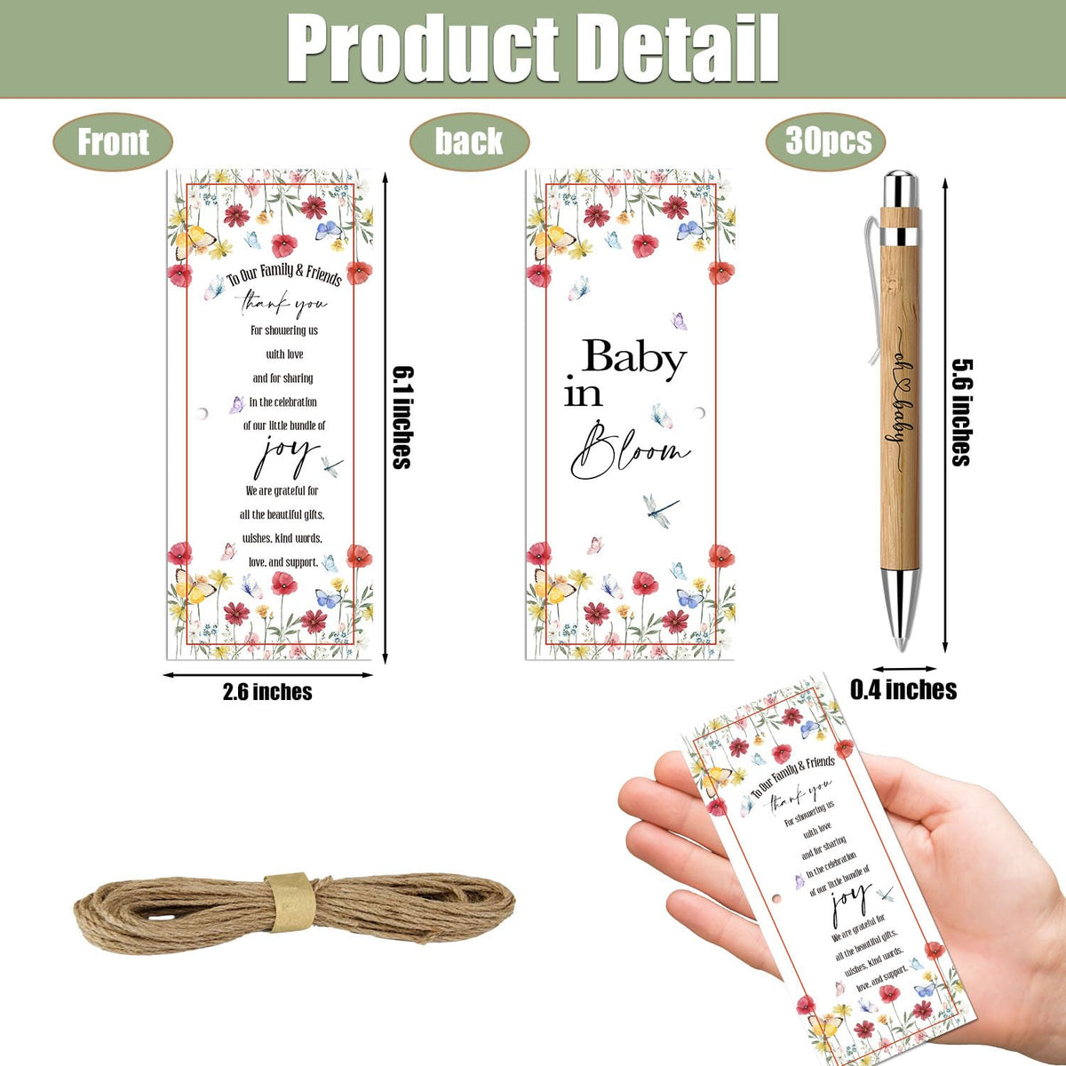 30 Pack Baby Shower Favors, Bamboo Pens and Baby in Bloom Greeting Cards