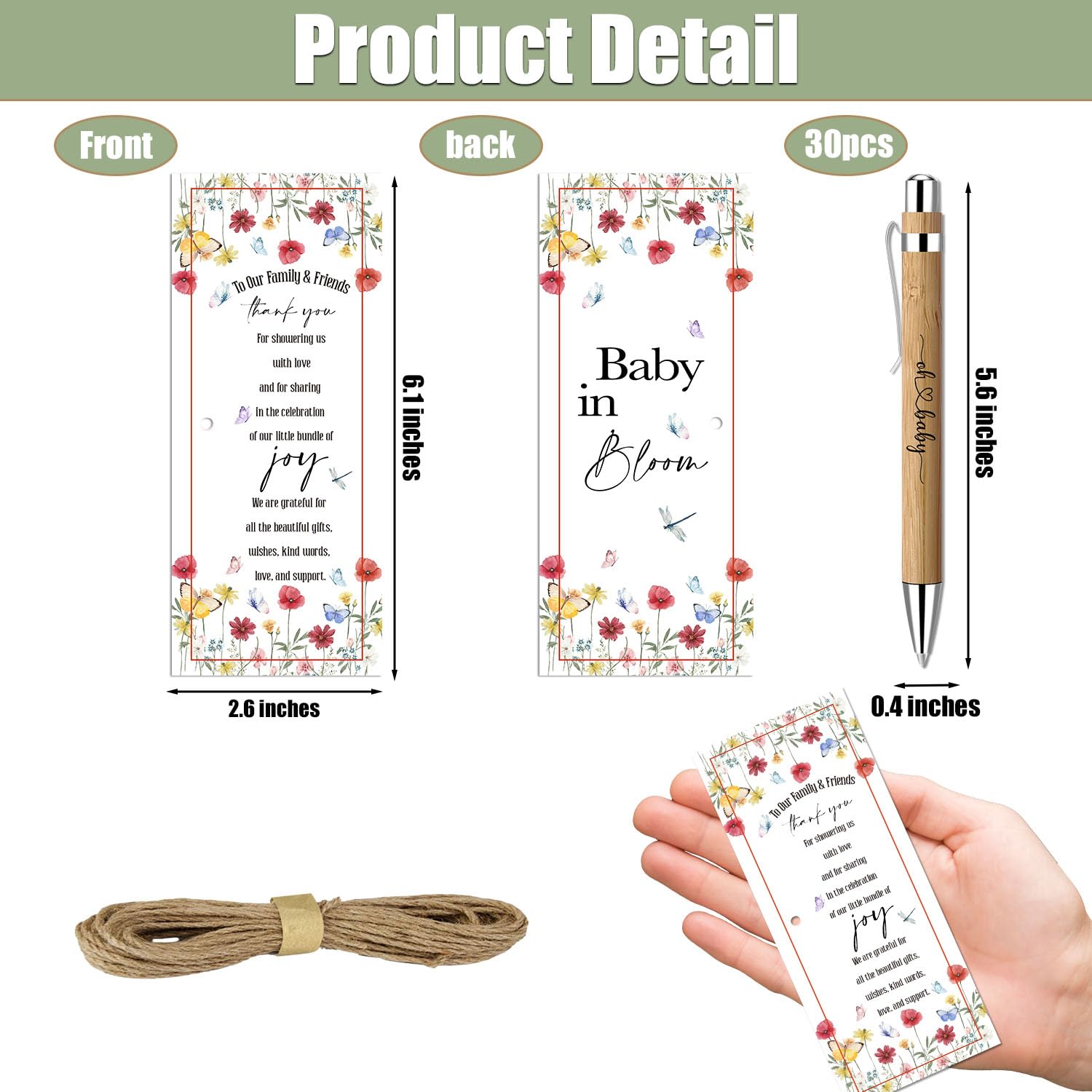 30 Pack Baby Shower Favors, Bamboo Pens and Baby in Bloom Greeting Cards