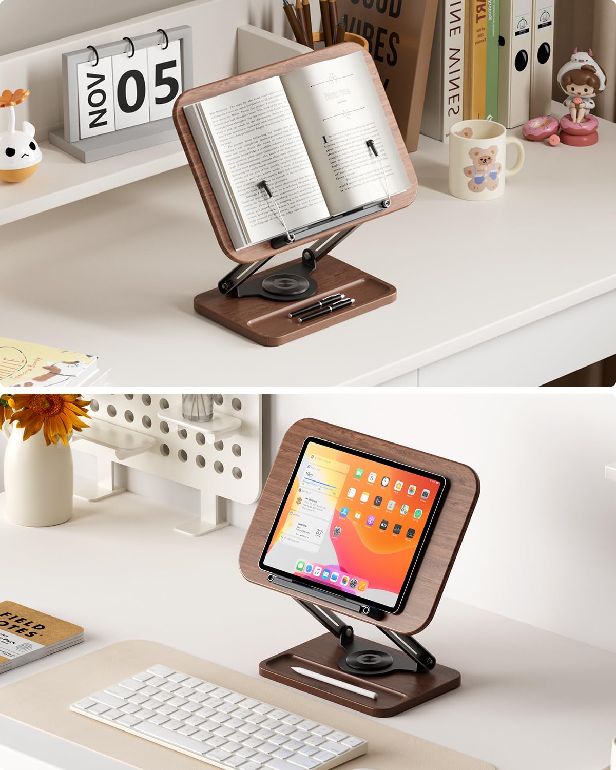 Viozon Book Stand for Reading, Book Holder 360° Rotating Base with Pen Slot, Foldable Reading
