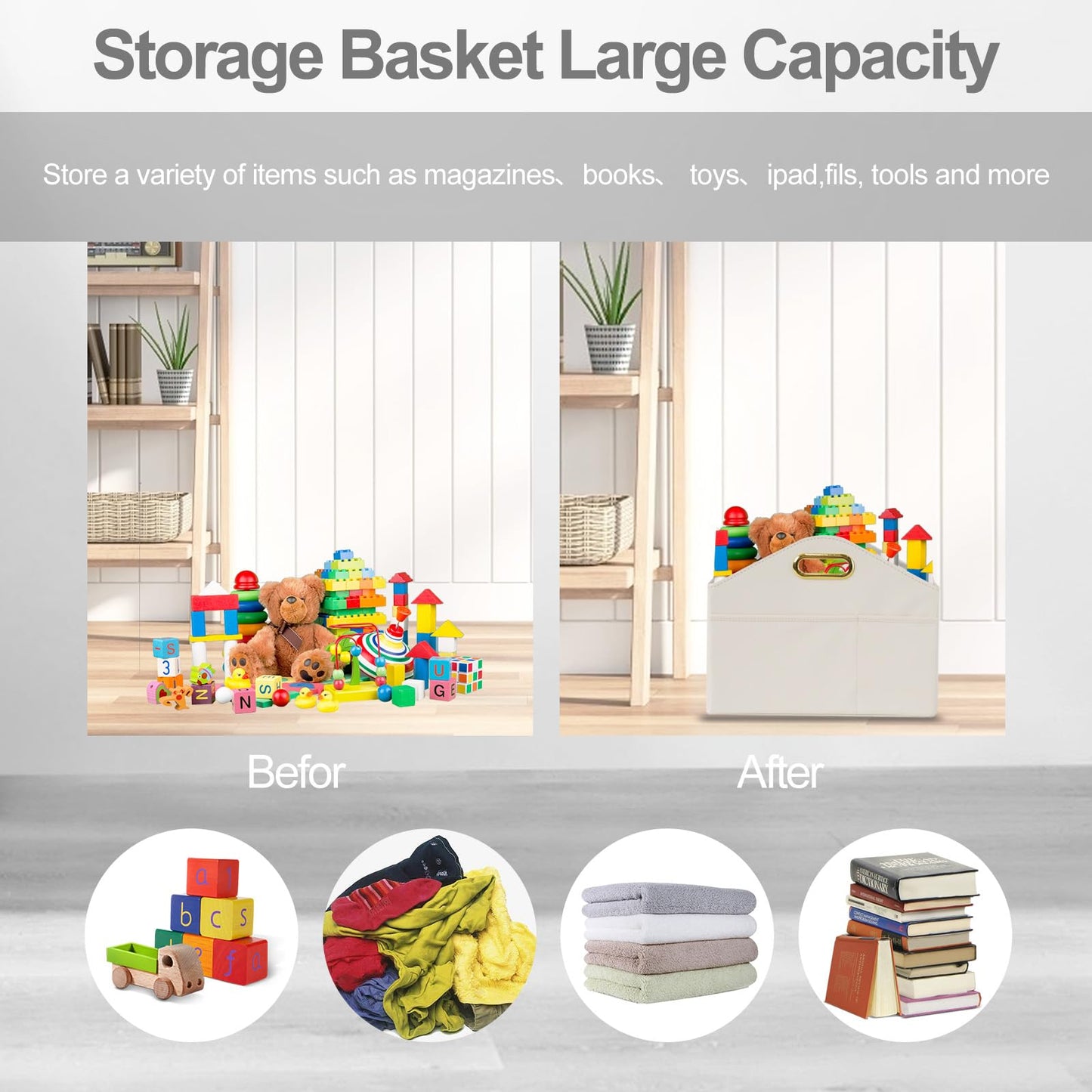 PreTidy Magazine Holder PU Leather Magazine Rack Floor foldable Magazine Basket Organizer Newspaper