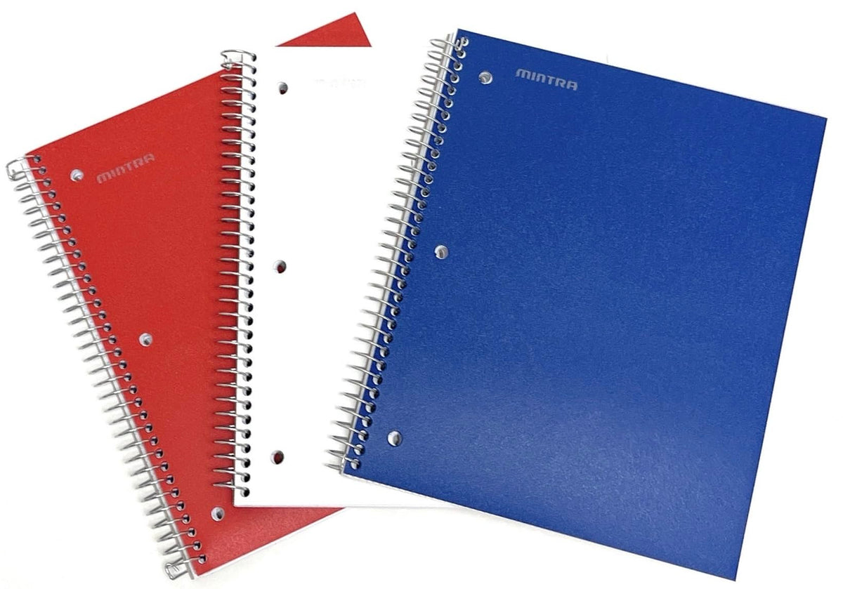 Mintra Office Durable Spiral Notebooks, 3 Subject (Red, White, Blue, Wide Ruled 3pk)