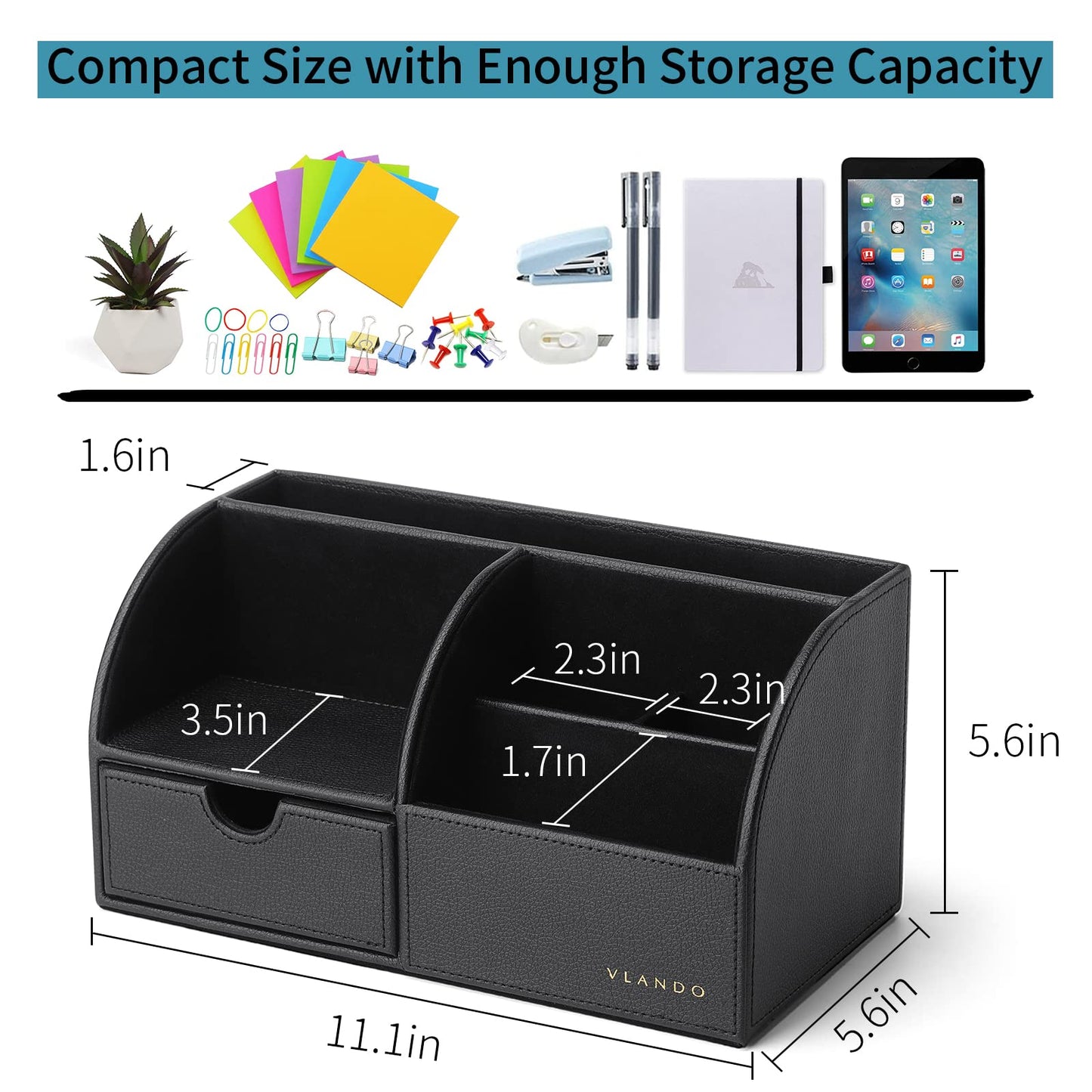 VLANDO Desk Organizer with Drawer, Leather Office Storage Caddy, Black