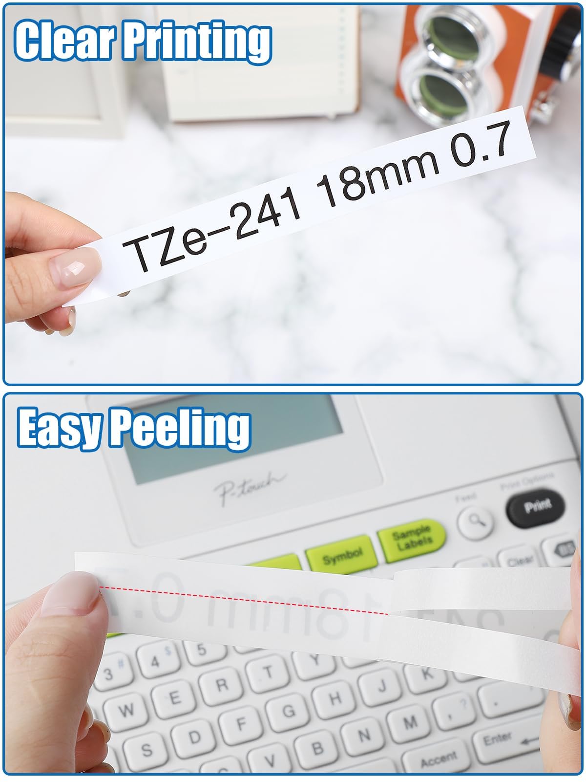 Label Maker Tape Compatible with TZ Tape 18mm 0.7'' Laminated White TZe-241