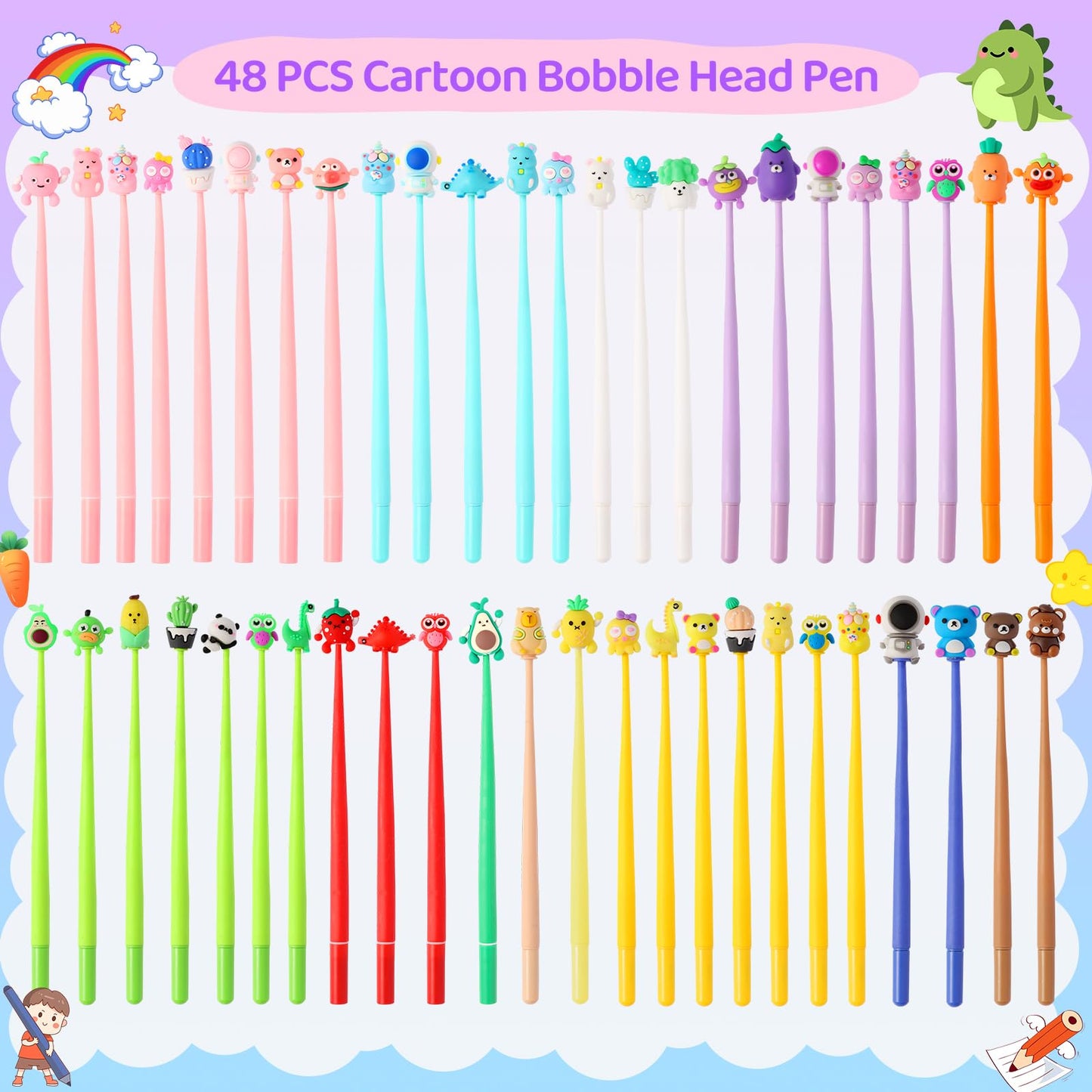 LiYiQ 48 PCS Cartoon Stress Relief Bobblehead Pens Fun Cute Pen Fidget Pens Kawaii Octopus Bear