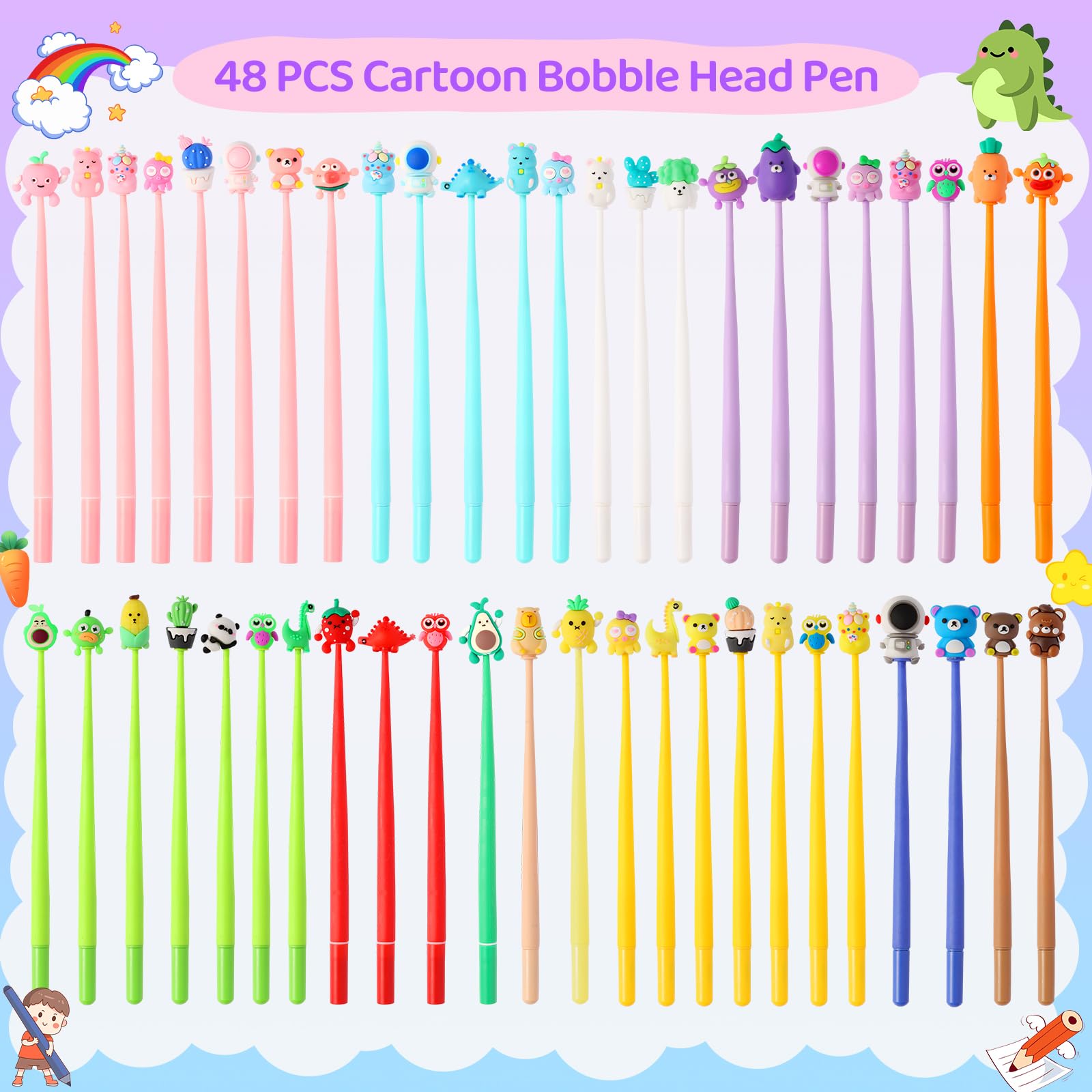 LiYiQ 48 PCS Cartoon Stress Relief Bobblehead Pens Fun Cute Pen Fidget Pens Kawaii Octopus Bear