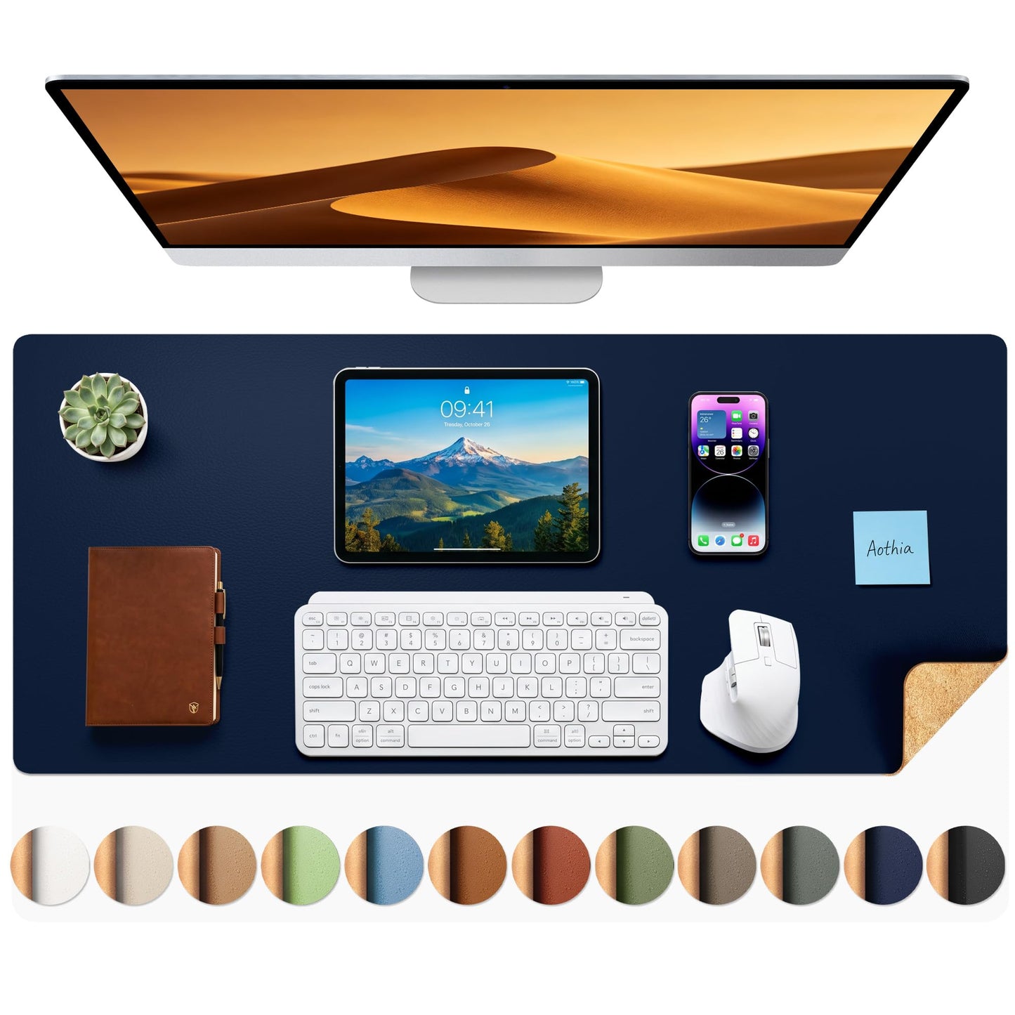 Aothia Dual-Sided Desk Mat, FSC Cork & PU Leather Desk Pad, Large Mouse Pad & Writing Surface for