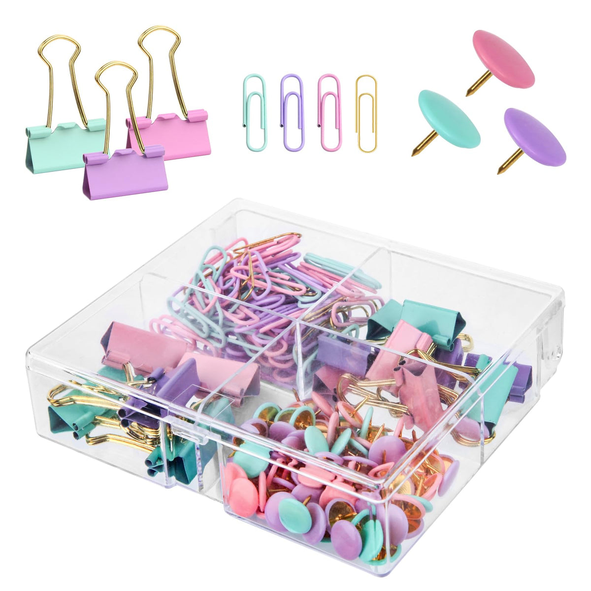 Creechwa Paper Clips and Binder Clips Push Pin Set, Assorted Size Clip