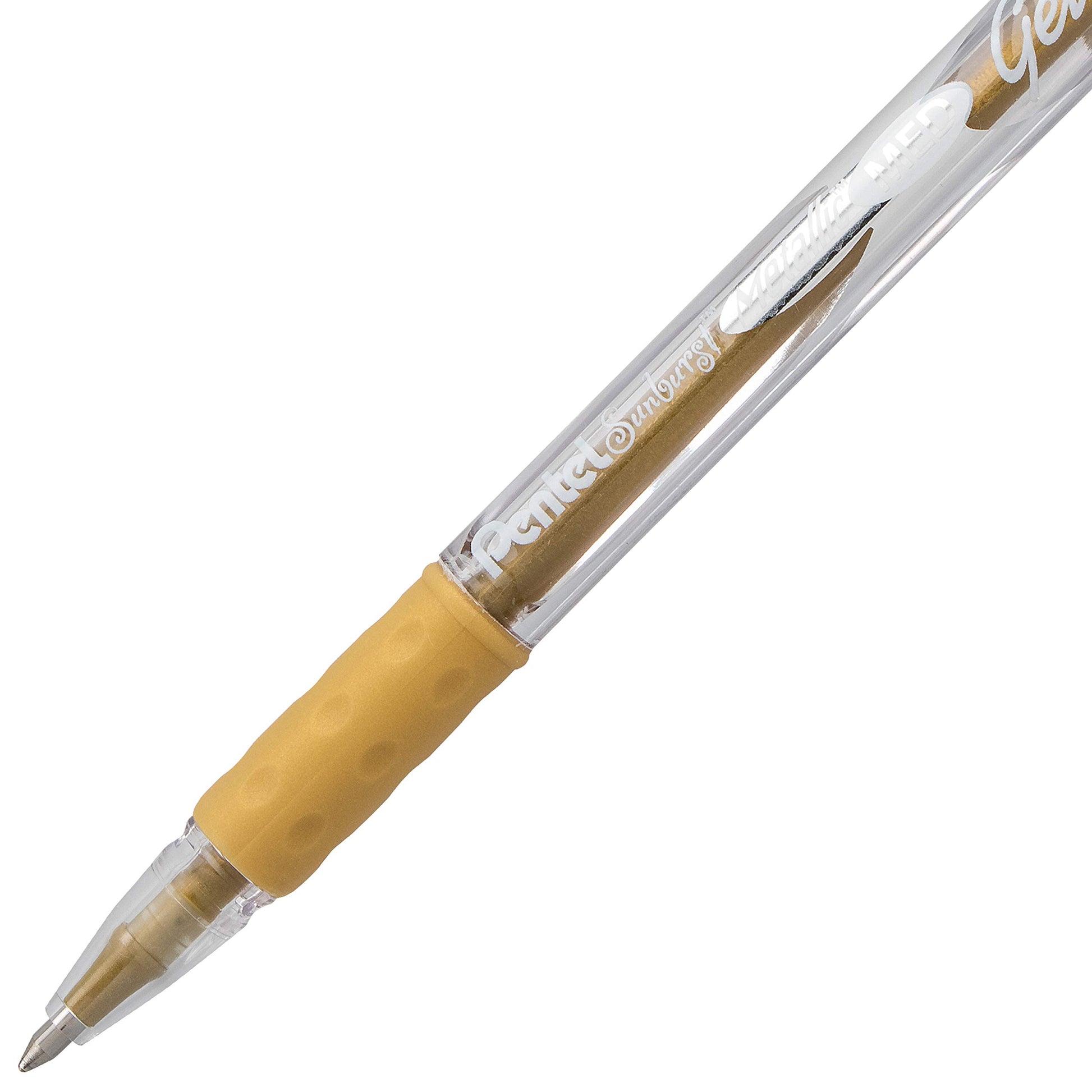 Pentel Sunburst Metallic Gel Pen, Medium Tip, Gold/Transparent Barrel, Gold Ink, Box of 12 (K908-X)