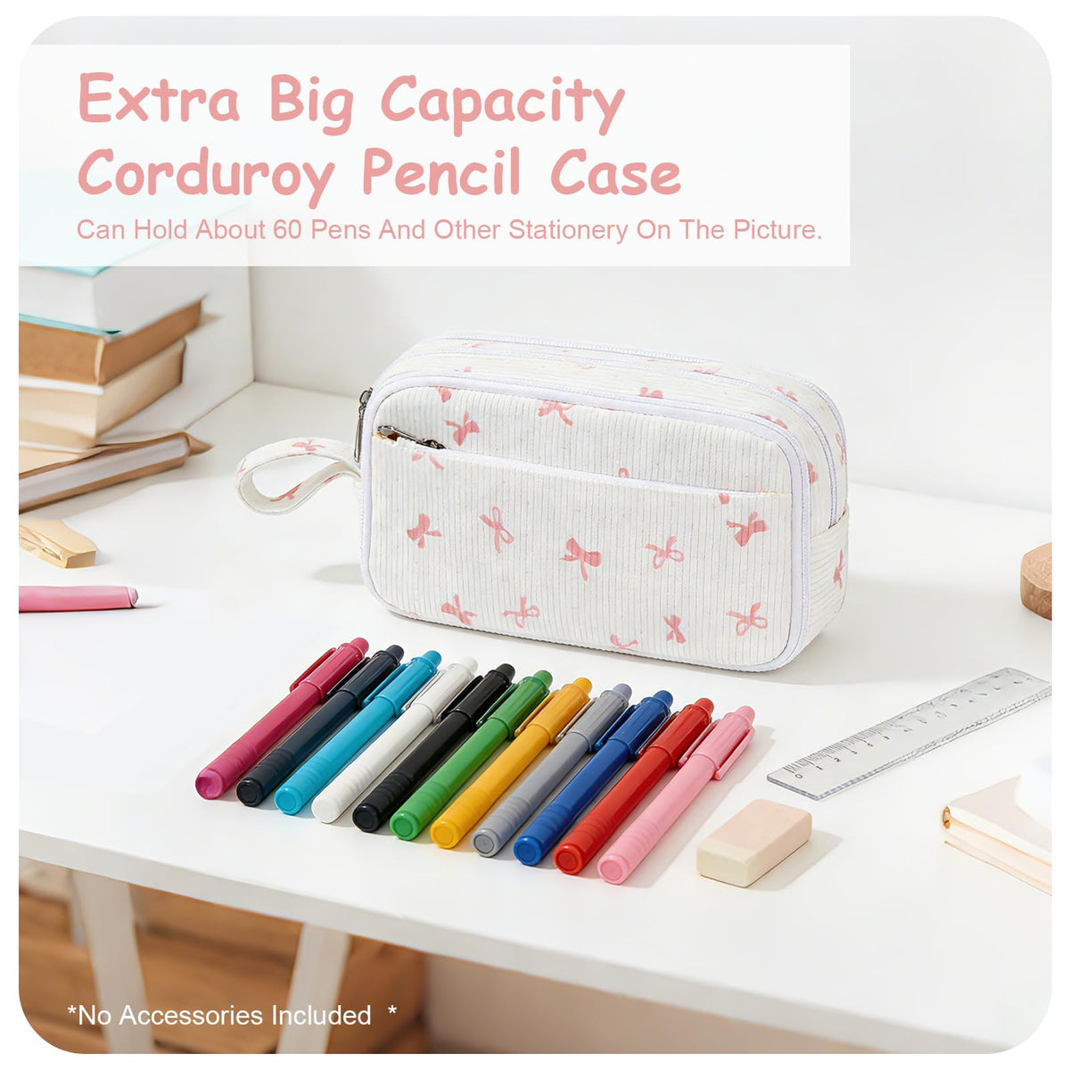 BuyCard Large Capacity Cute Pencil Case, Aesthetic Pen Pouch, White with Pink Bow Pattern Pencil