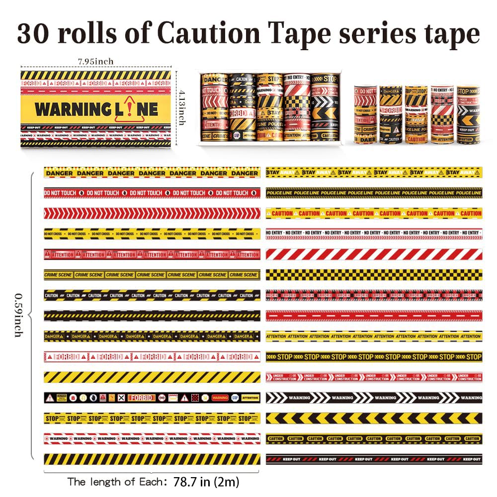 icceemee 30 Rolls Warning line Theme Washi Tape Set, Writable Decorative Tapes for Scrapbooking
