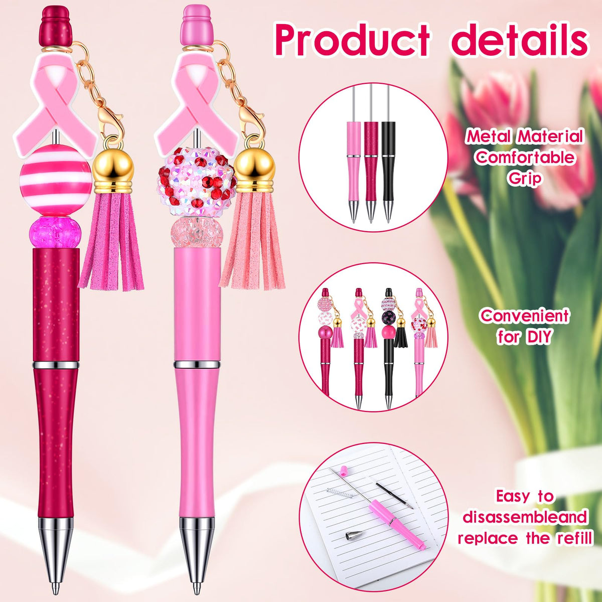Tinlade 12 Beadable Pens Bulk with 50 Beads Multicolor DIY, Ribbon Style