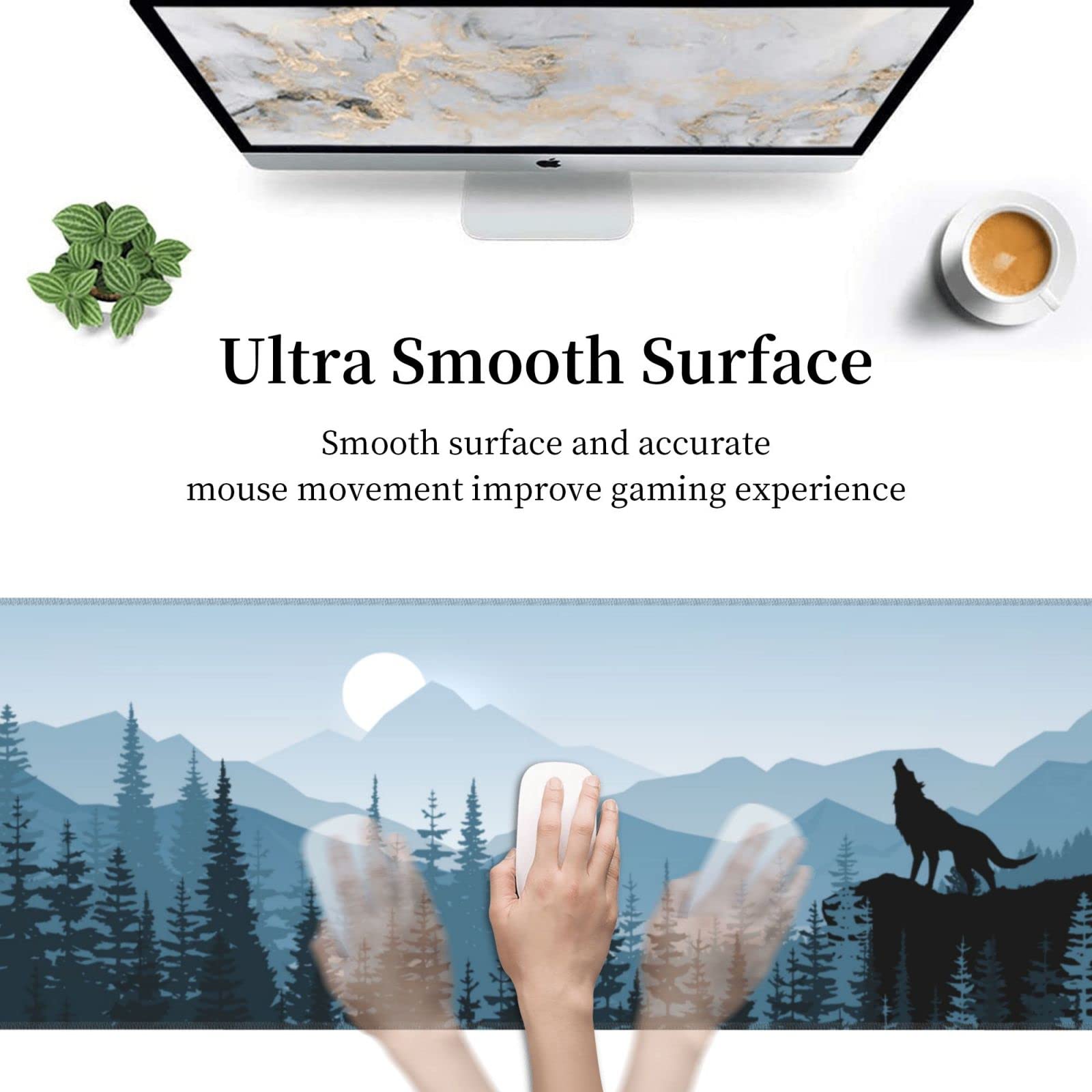 Fog Forest Blue Mountains Wolf Tree XXL XL Large Gaming Mouse Pad for Desk, Non-Slip Long Extended