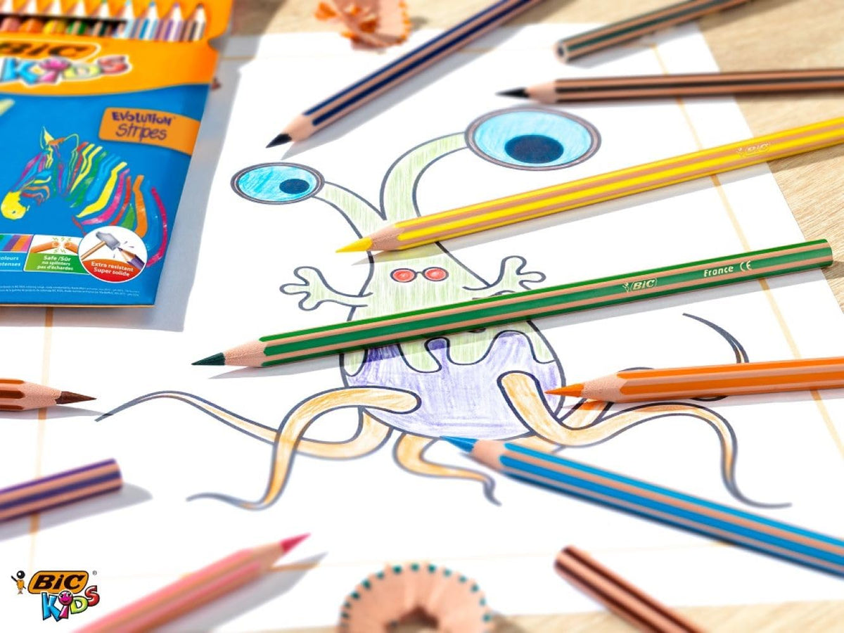 BIC Kids Evolution Stripes Colouring Pencils - Assorted Colours, 24 Count (Pack of 1)