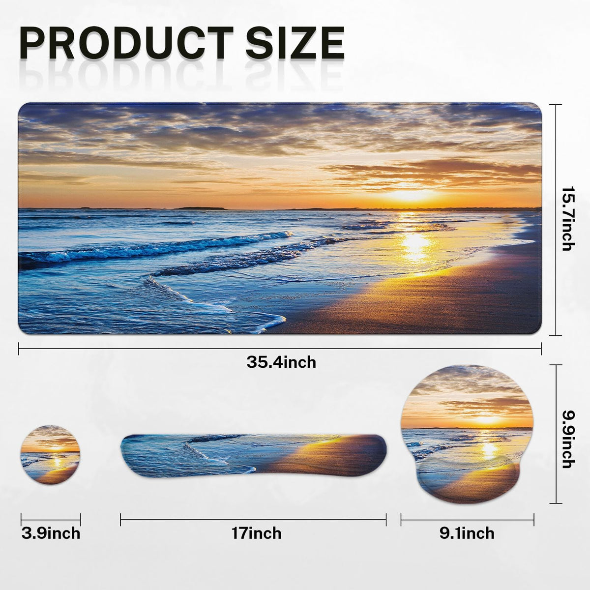 Arttown Keyboard Mouse Pad Set, 4 in 1 Desk Mat Set Ocean Beach Sunset