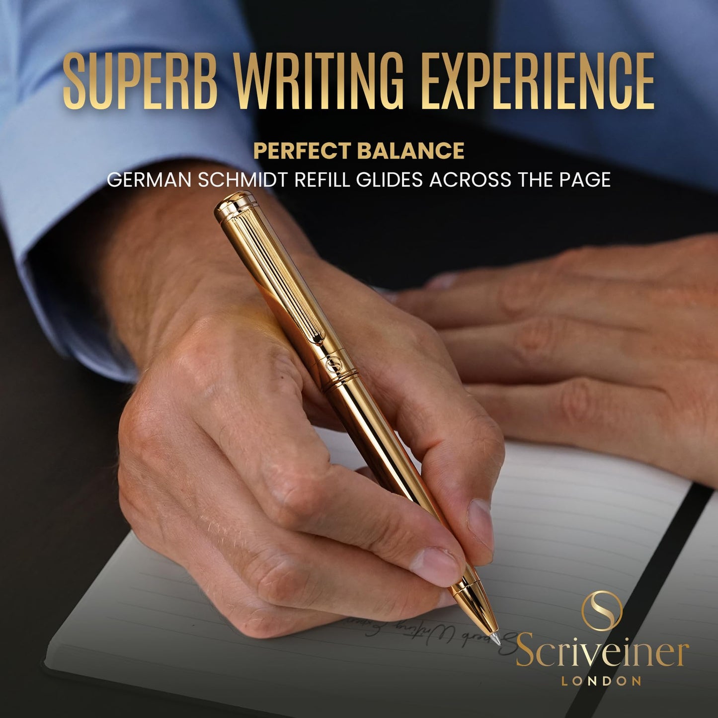 Scriveiner Gold Ballpoint Pen - Stunning Luxury Pen, Real Gold Plating, Schmidt Black Refill, Best