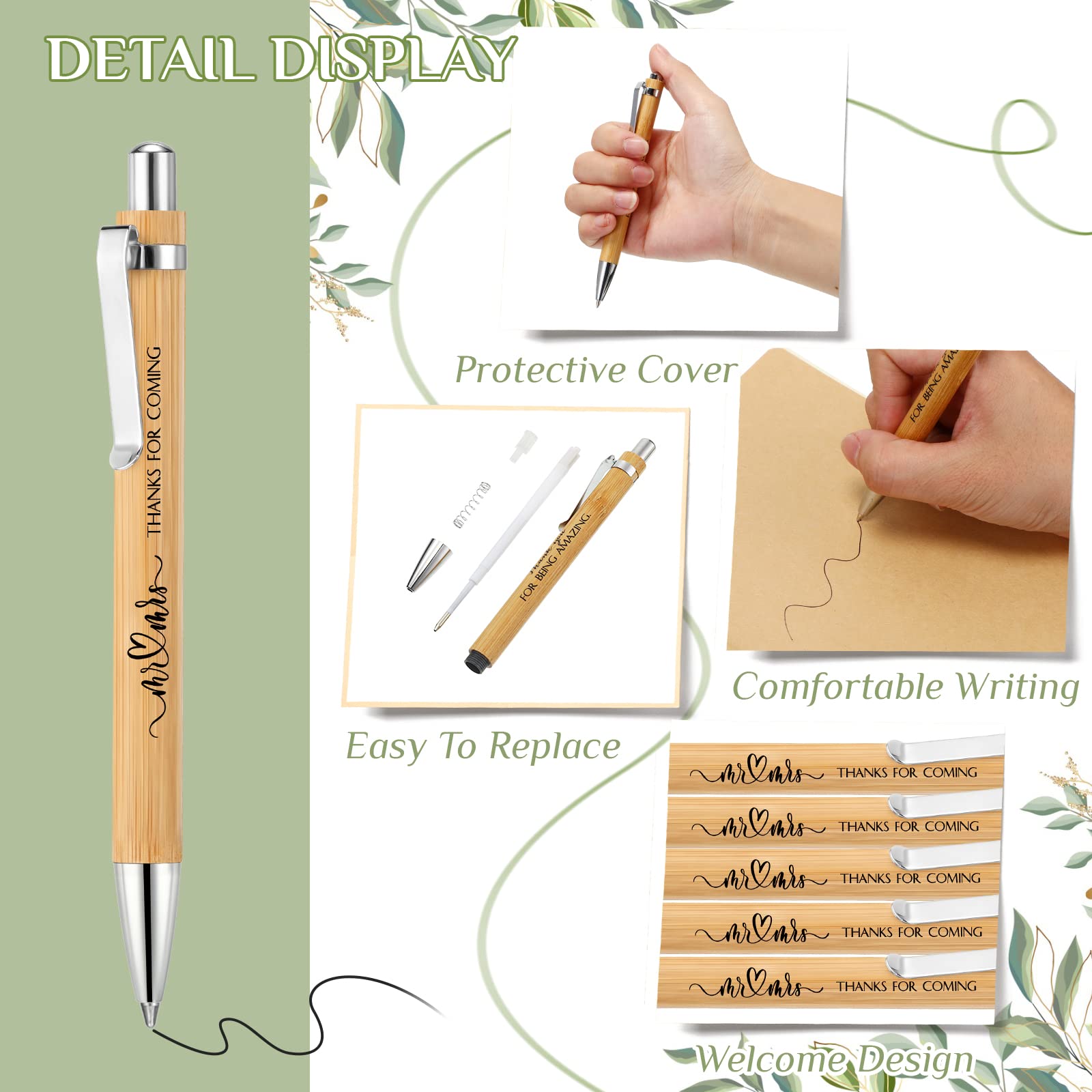 Fumete 50 Pieces Bamboo Bridal Shower Pens Black Ink Wedding Bulk