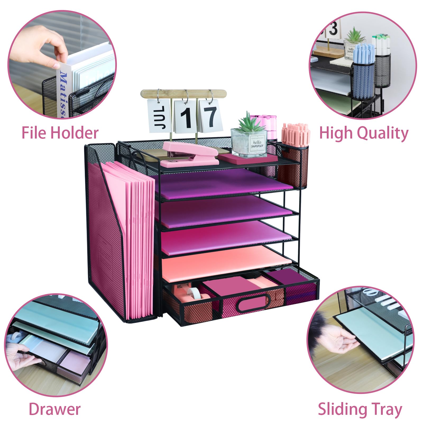 ideallife Desk Organizers and Accessories with File Holder, 6-Tier Paper Letter Tray Organiser with