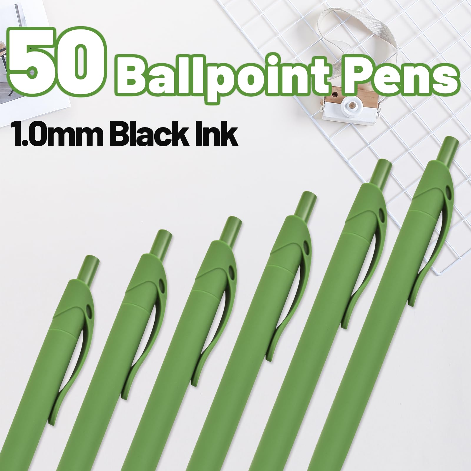 Wiaziert BallPoint Pens, 50 Pack (BLACK Ink),Bulk Pens, Green Barrel,Click Pens for Office Home and