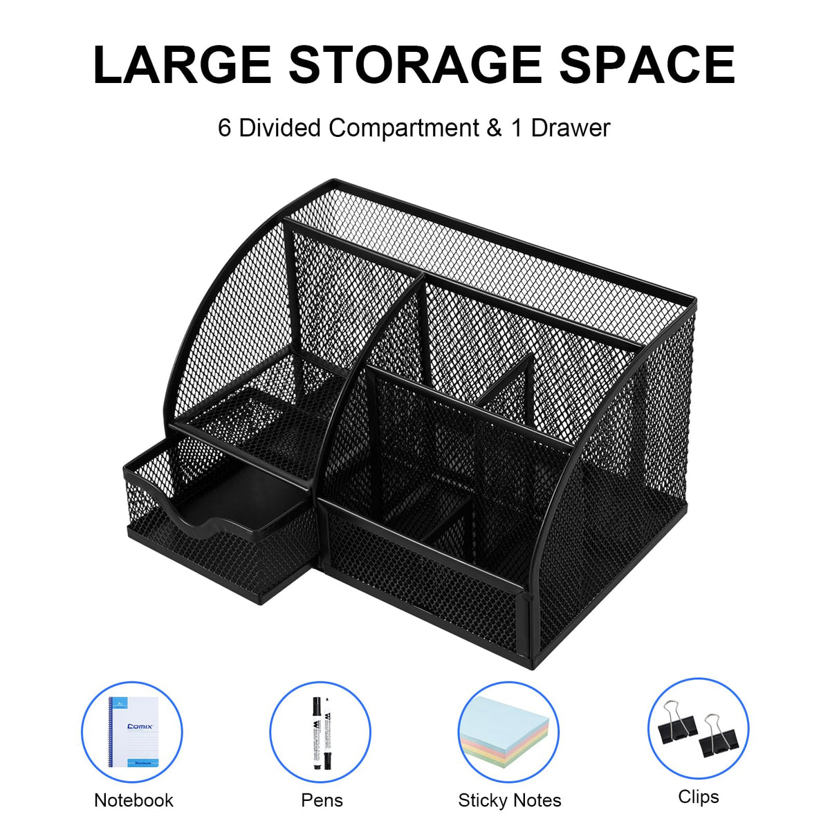 Comix Mesh Pen Pencil Holder Desk Organizer, 7 Compartment Wire Desktop Pen Pencil Cup Caddy Office