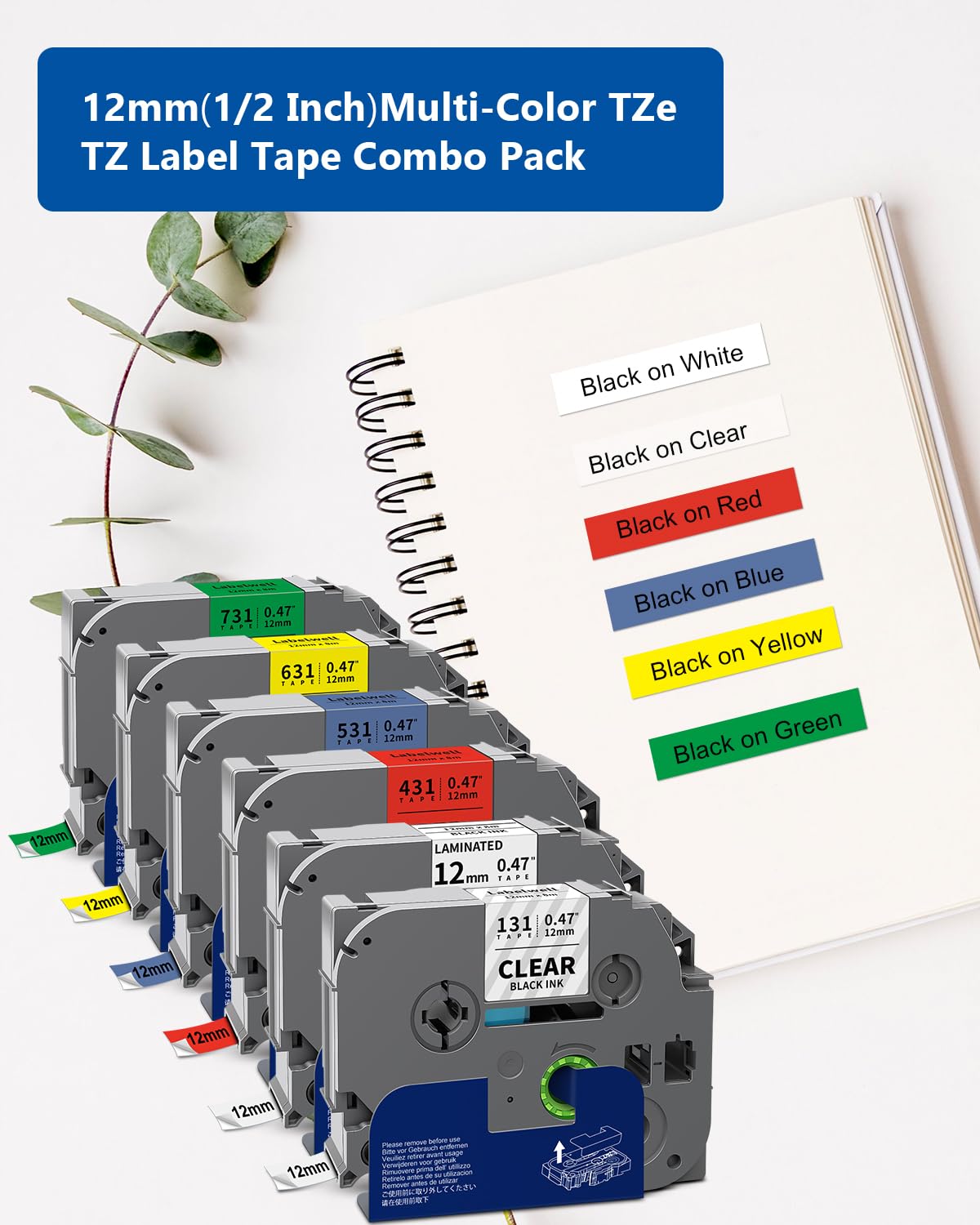 Labelwell 6-Pack TZe-231 TZ Tape 12mm 0.47 Laminated Multi Color 1/2"