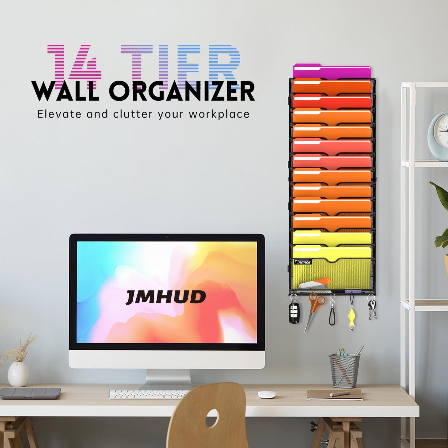 14-Tier Wall File Organizer with Base and Hooks, Hanging Organizer, Black
