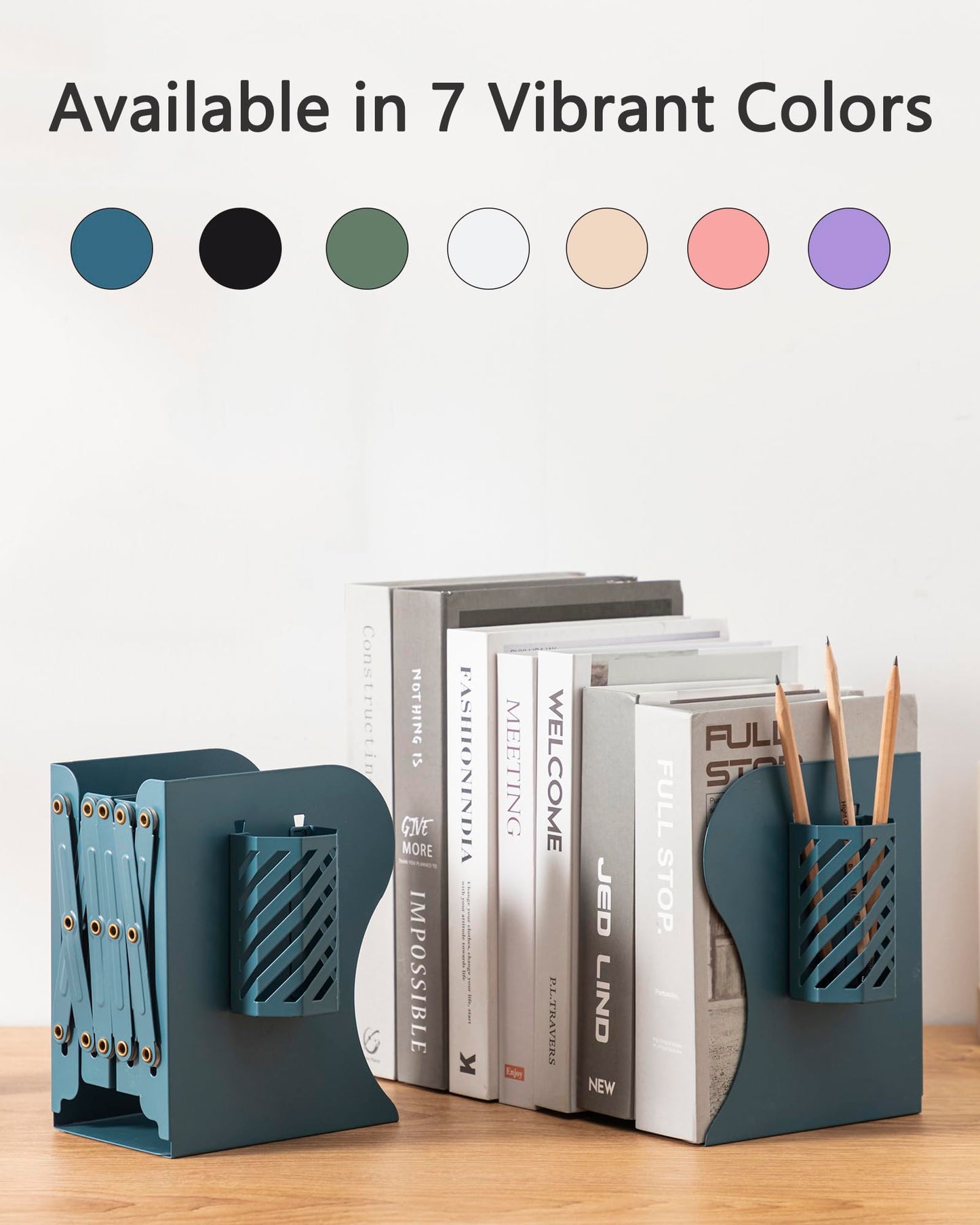 Kingsmile Book Ends, Adjustable Heavy Duty Metal Book Stoppers with Pen Holder for Desk Office