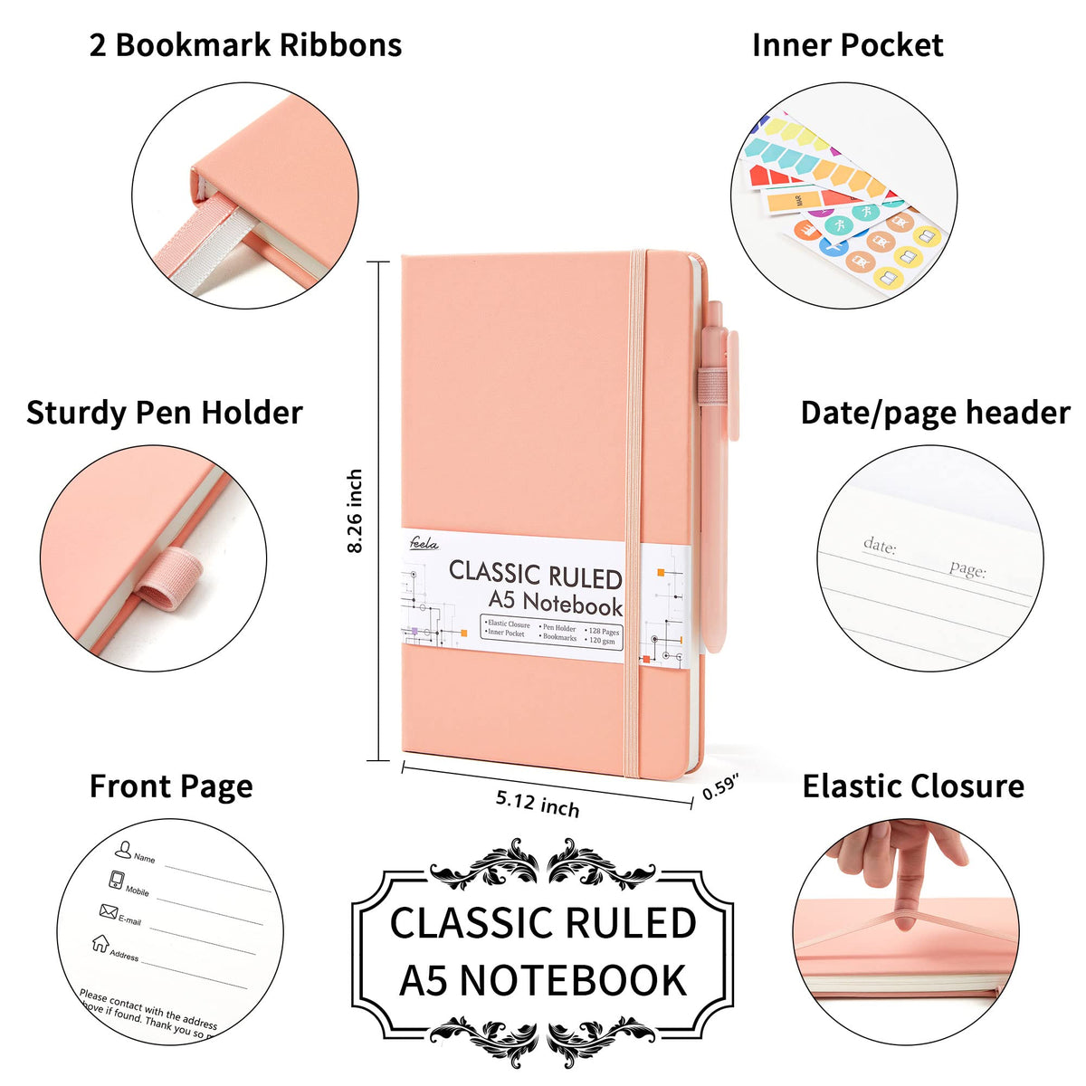 feela 5 Pack Notebooks Journals Bulk, Hardcover Classic Ruled Lined Journals with Pen Holder for
