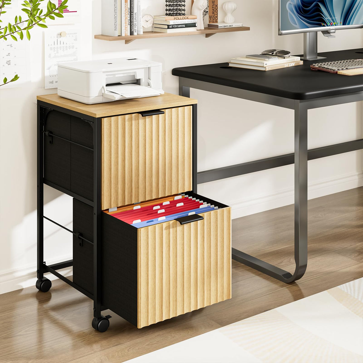 Bonnlo 2 Drawer Mobile File Cabinet, Rolling Fluted Filing Cabinet Under Desk File Cabinet with