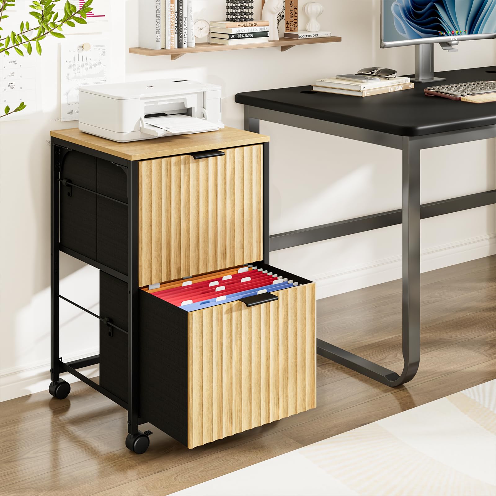 Bonnlo 2 Drawer Mobile File Cabinet, Rolling Fluted Filing Cabinet Under Desk File Cabinet with