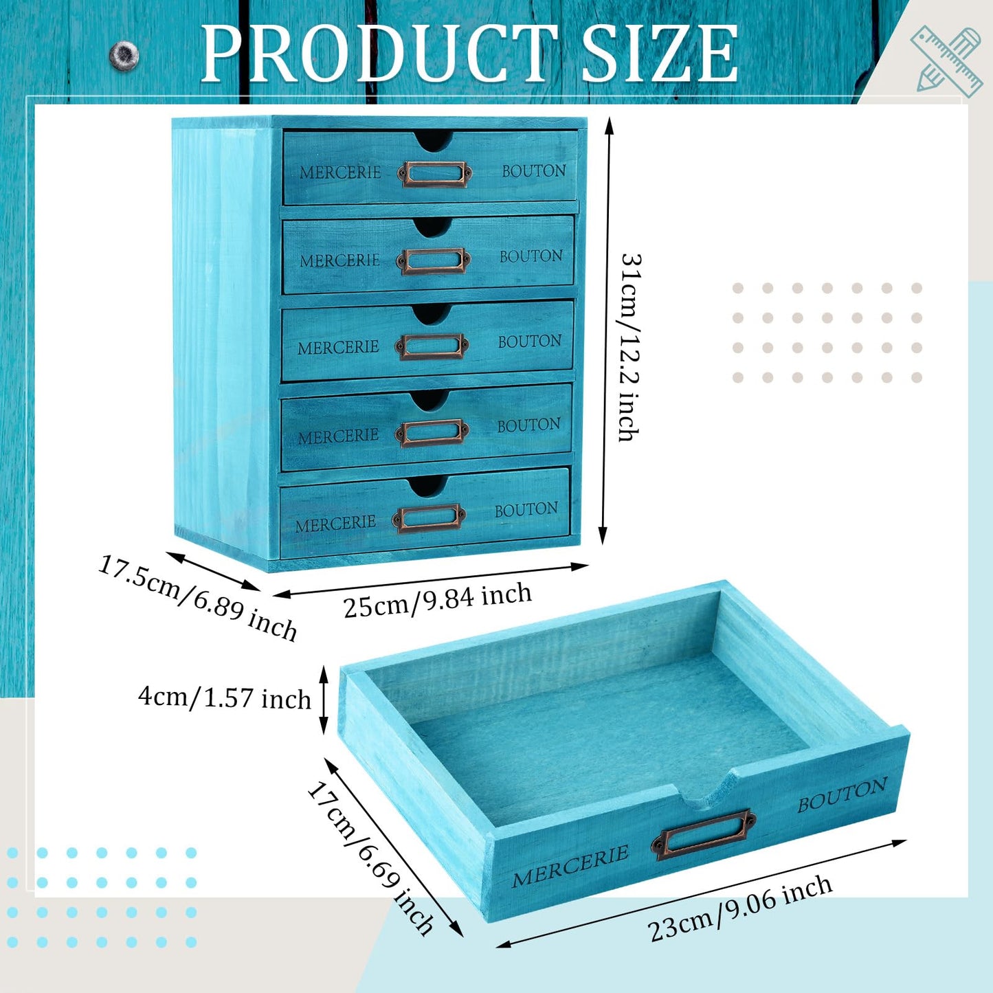 Wesiti Wooden Desk Organizer, 5 Drawers, Vintage Makeup Cabinet, Blue