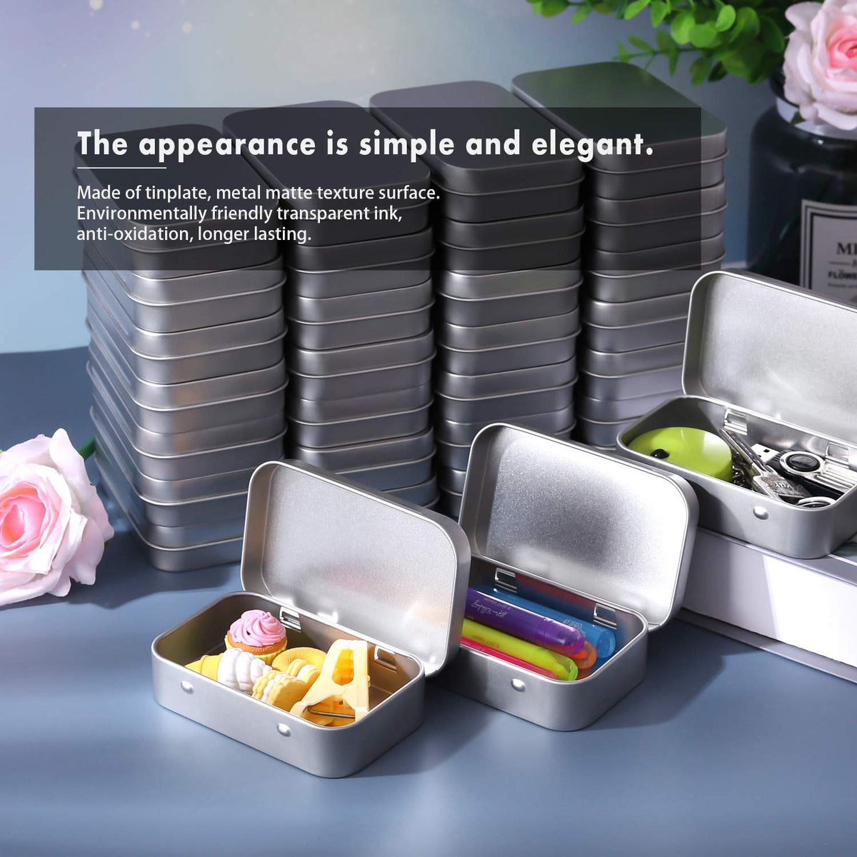 Tamicy Metal Rectangular Empty Hinged Tins, Pack of 40, Silver