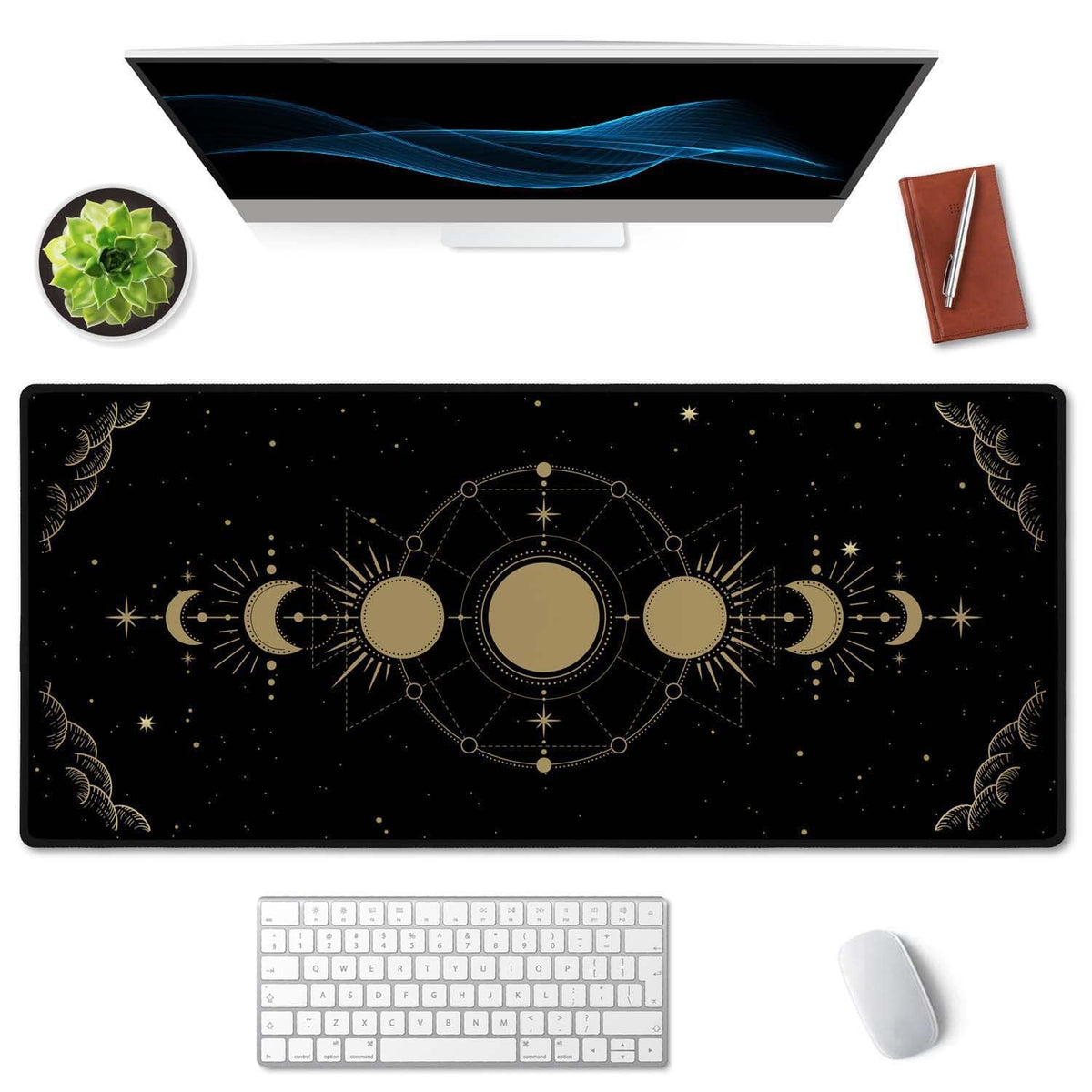 SSOIU Moon Phase Desk Mat, XXL Gold Moon Cycle Lunar Chart, Stars Horoscope Zodiac Extended Gaming