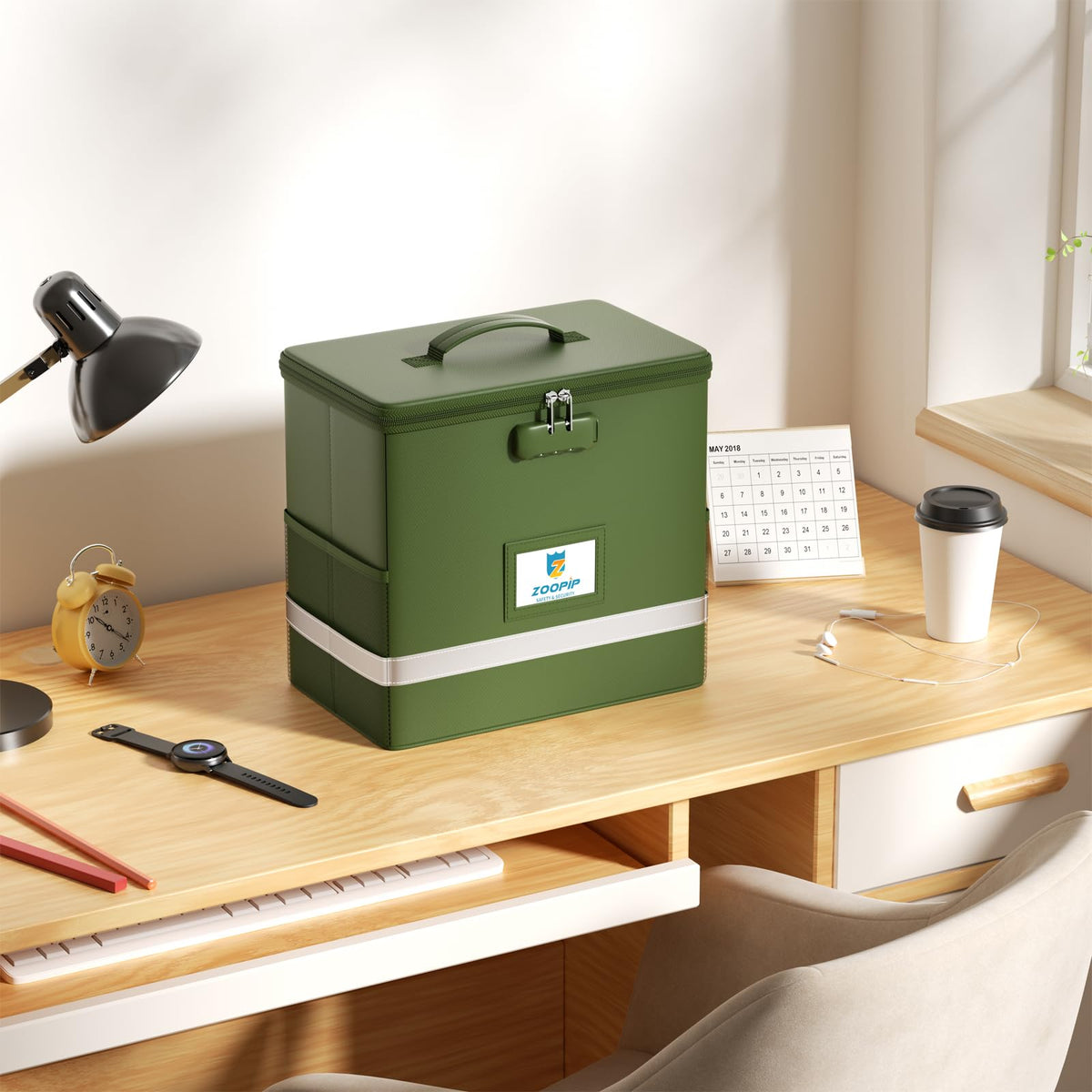 ZOOPIP Fireproof File Box with Lock, Collapsible Document Organizer, Green