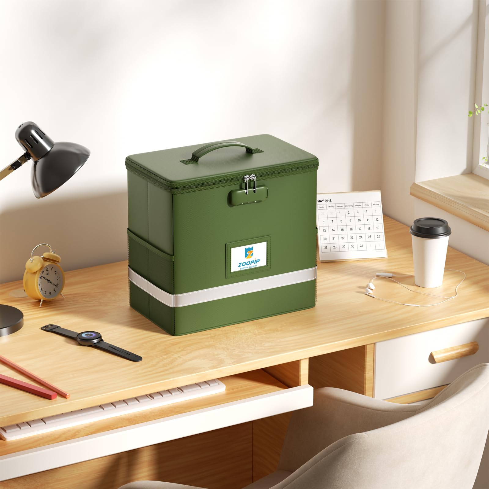 ZOOPIP Fireproof File Box with Lock, Collapsible Document Organizer, Green