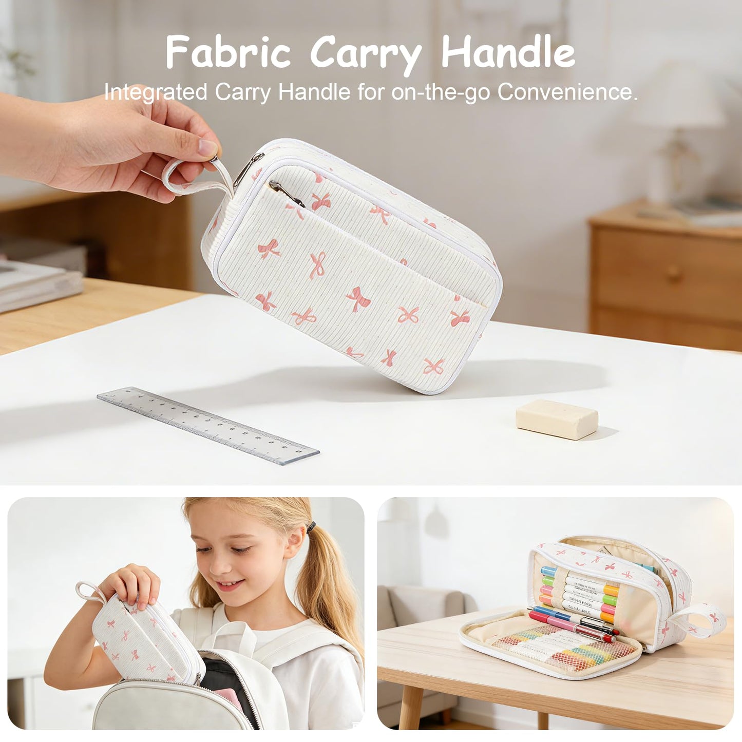 BuyCard Large Capacity Cute Pencil Case, Aesthetic Pen Pouch, White with Pink Bow Pattern Pencil