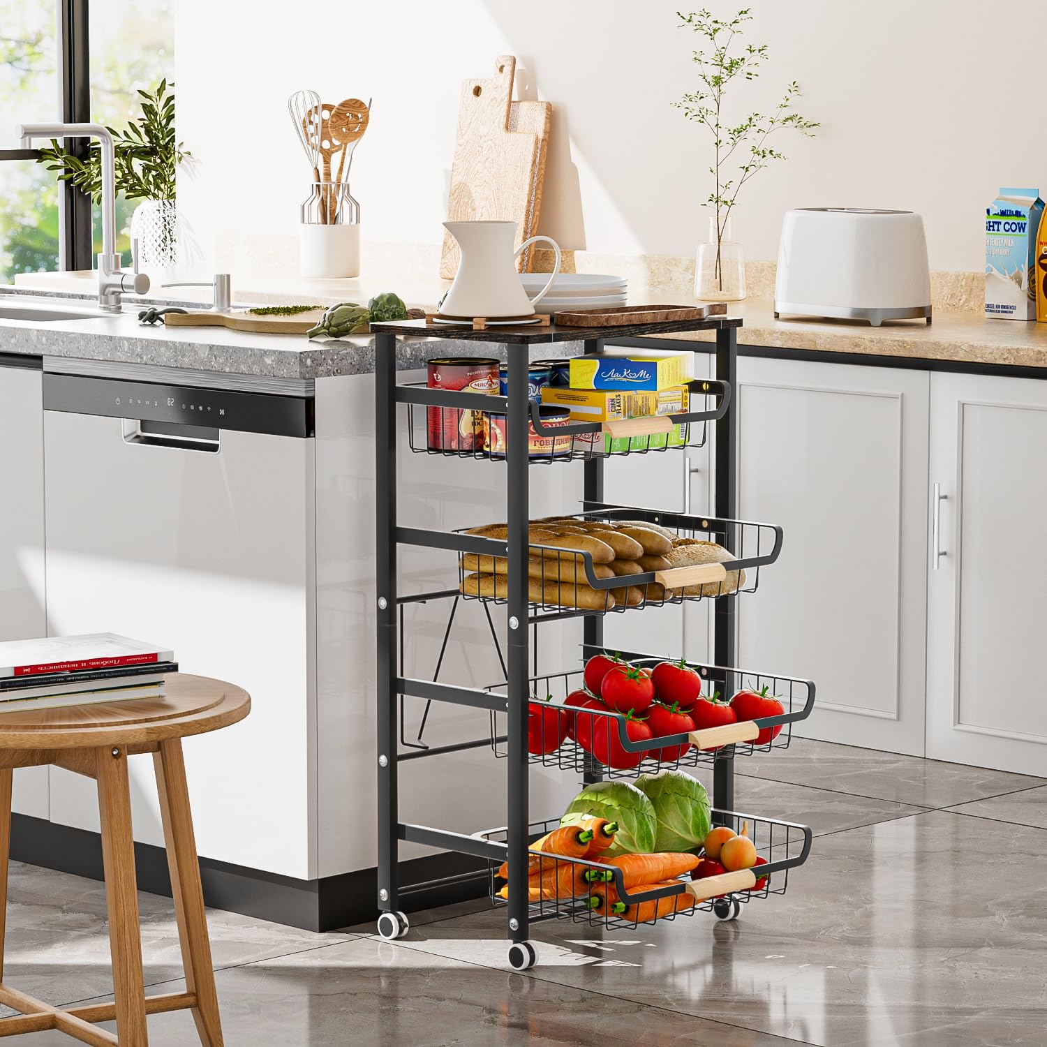 JAQ 5-Tier Fruit Vegetable Storage Cart with Wood Top, Rolling Kitchen Basket Organizer with